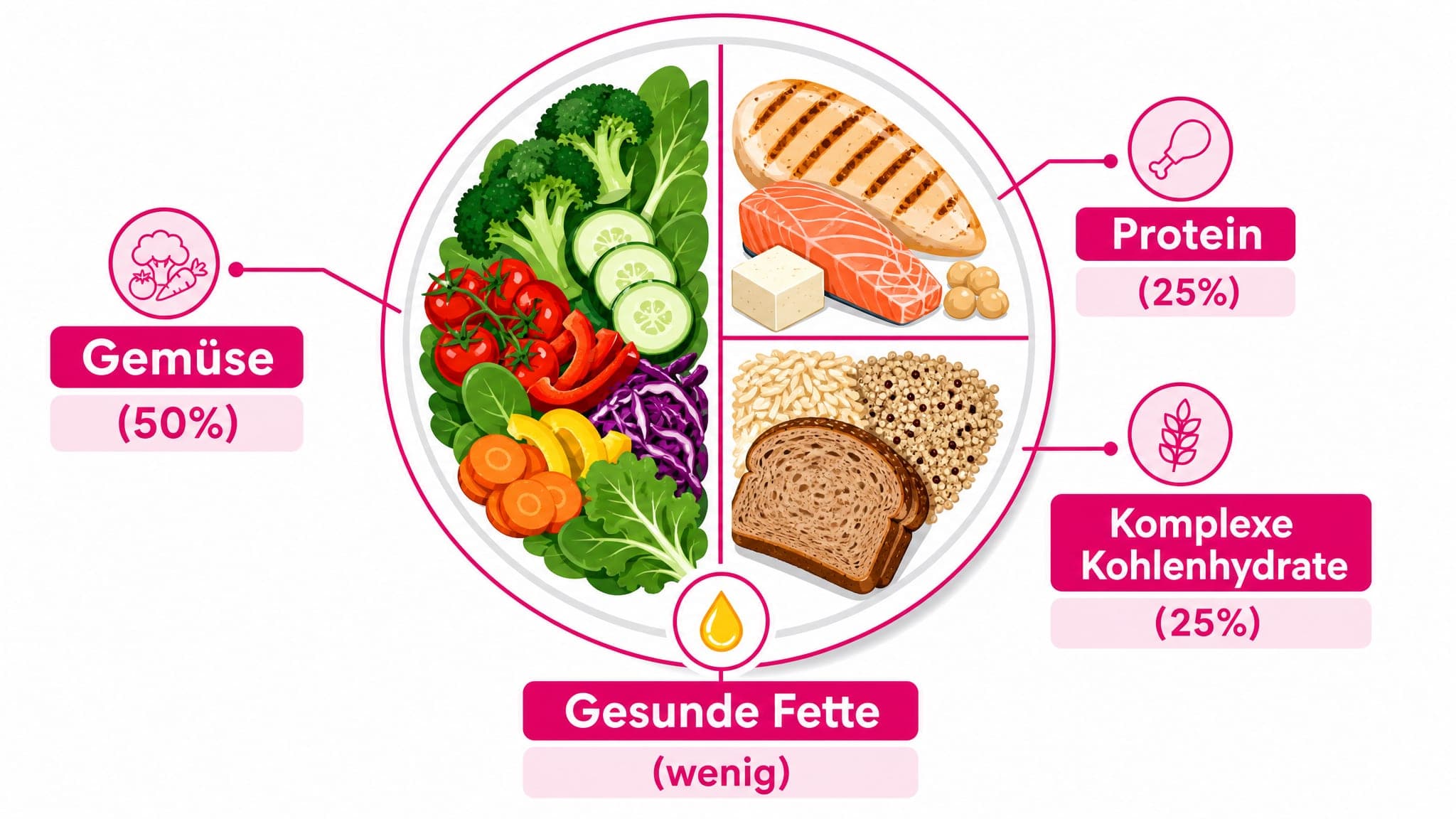 Ein Teller geteilt: 50% Gemüse, 25% Protein, 25% komplexe Kohlenhydrate, mit einem kleinen Tropfen Öl.