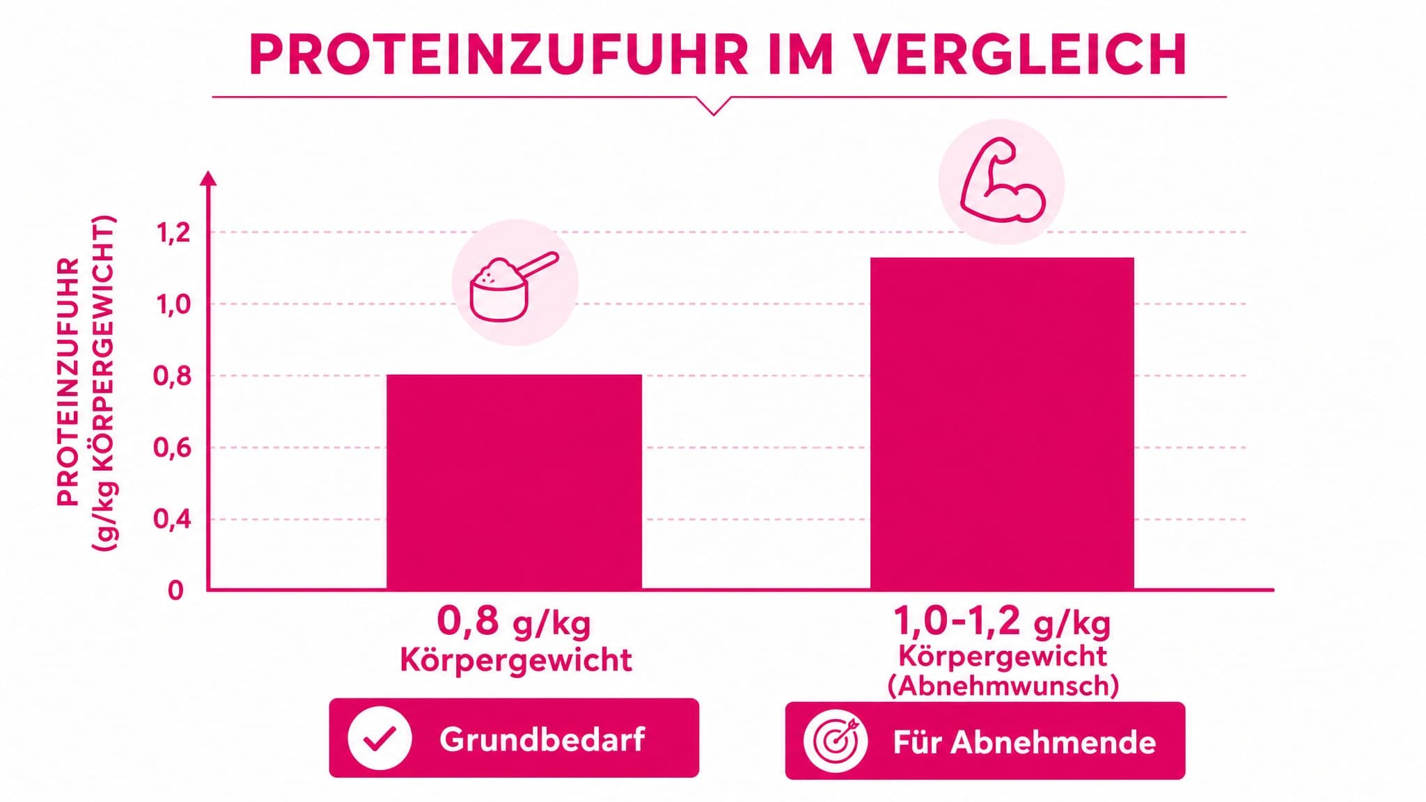 Ein Balkendiagramm zeigt den empfohlenen Proteinbedarf: 0,8 g/kg Körpergewicht (Basis) und 1,0-1,2 g/kg (Abnehmwunsch).
