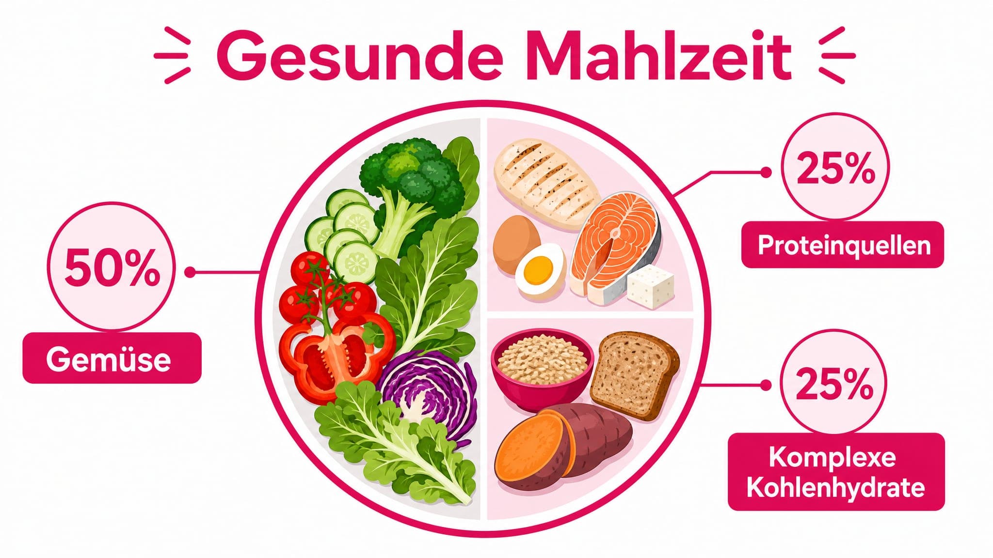 Ein Teller ist aufgeteilt in 50% Gemüse, 25% Proteinquellen (Fisch, Huhn, Tofu), 25% komplexe Kohlenhydrate (Vollkornreis, Ka