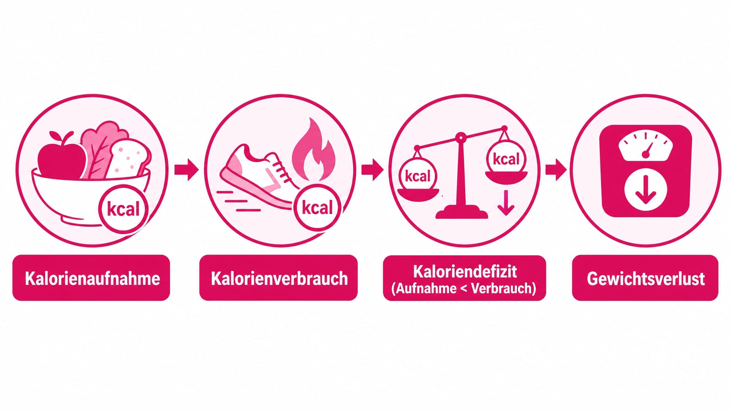Pfeile zeigen von "Kalorienaufnahme" und "Kalorienverbrauch" zu "Kaloriendefizit" (wenn Aufnahme < Verbrauch) und dann zu "Ge