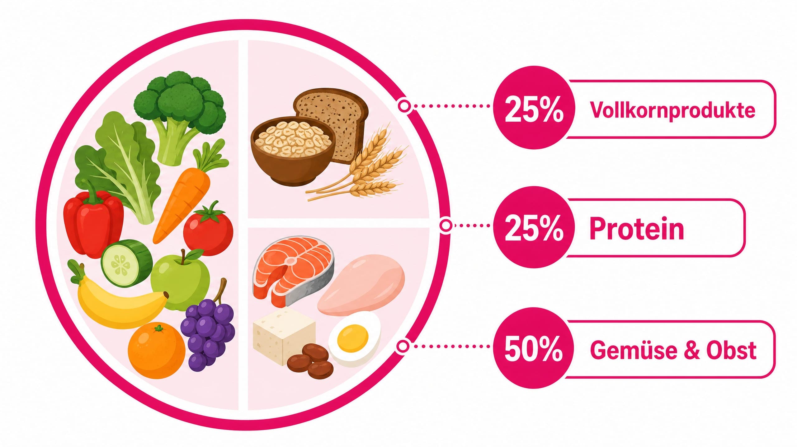 Ein Teller ist aufgeteilt in 50% Gemüse/Obst, 25% Vollkornprodukte und 25% Proteinquellen.