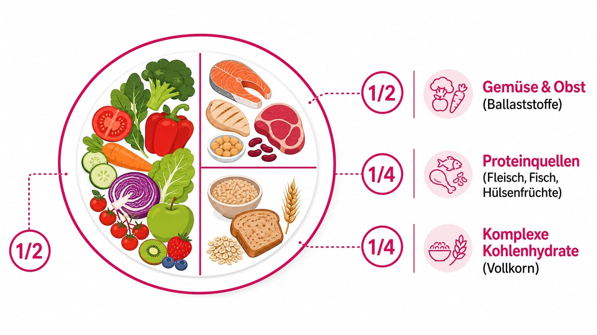 Ein Teller ist aufgeteilt: 1/2 Gemüse/Obst (Ballaststoffe), 1/4 Proteinquellen (Fleisch, Fisch, Hülsenfrüchte), 1/4 komplexe 