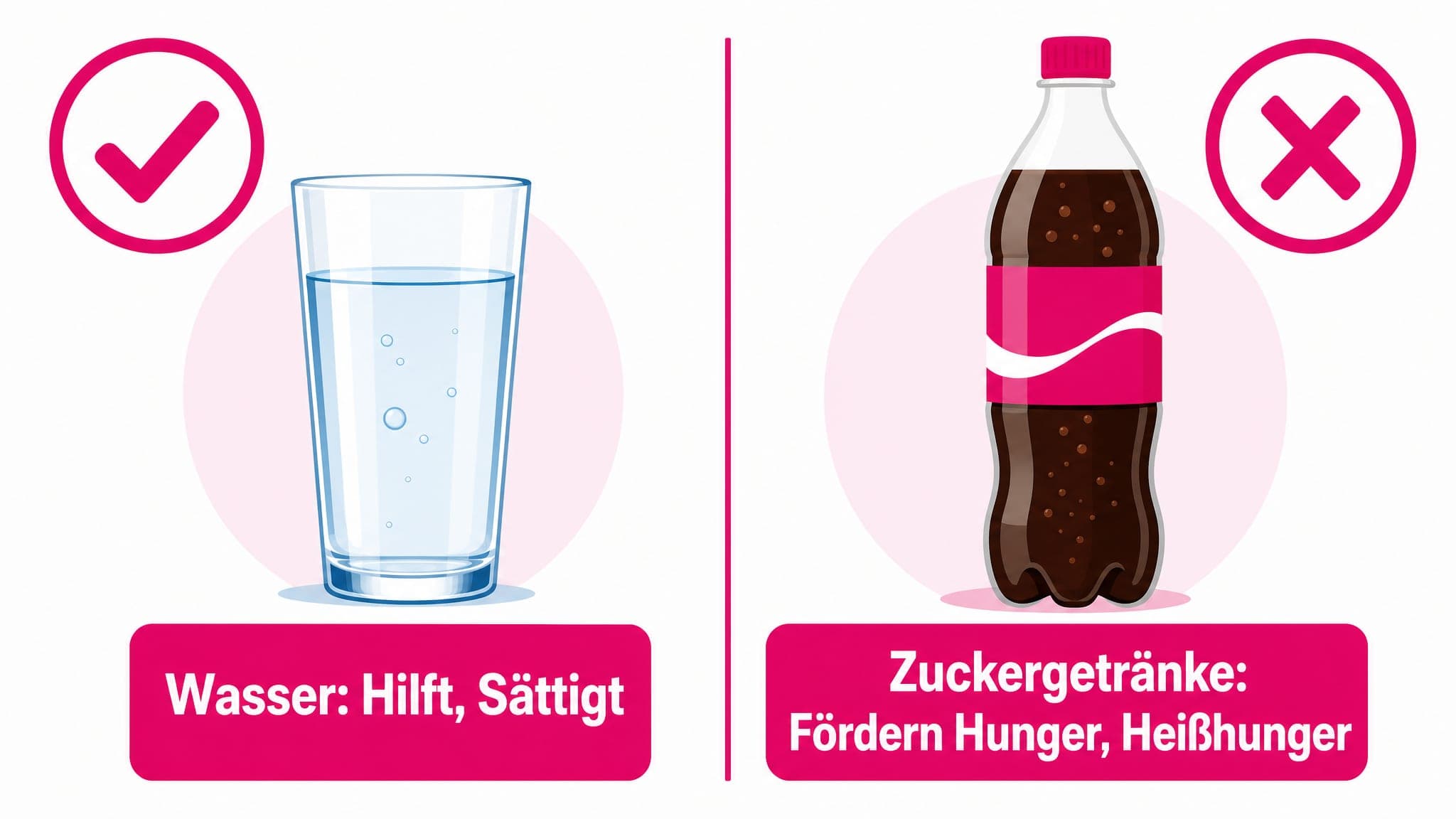Zwei Spalten: Links ein Glas Wasser mit Häkchen (hilft, sättigt). Rechts eine zuckerhaltige Limoflasche mit Kreuz (fördert Hu