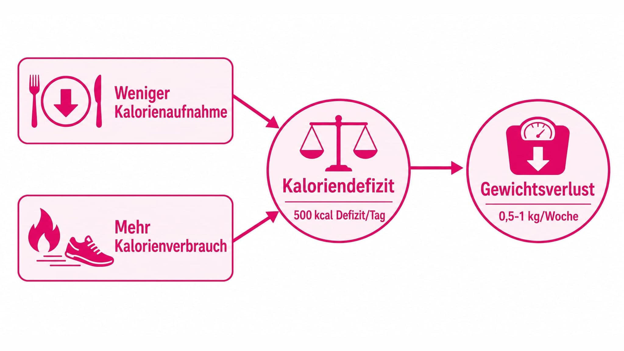Pfeile zeigen von "Weniger Kalorienaufnahme" und "Mehr Kalorienverbrauch" zu "Kaloriendefizit", und von "Kaloriendefizit" zu 
