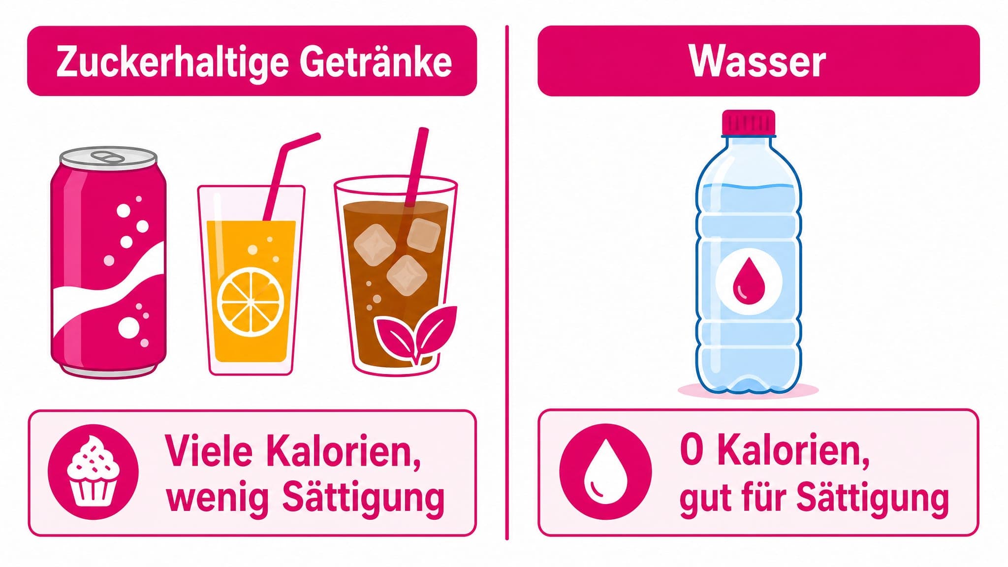 Zwei Spalten: Links "Zuckerhaltige Getränke" mit Icons für Limonade, Saft, Eistee und "Viele Kalorien, wenig Sättigung". Rech