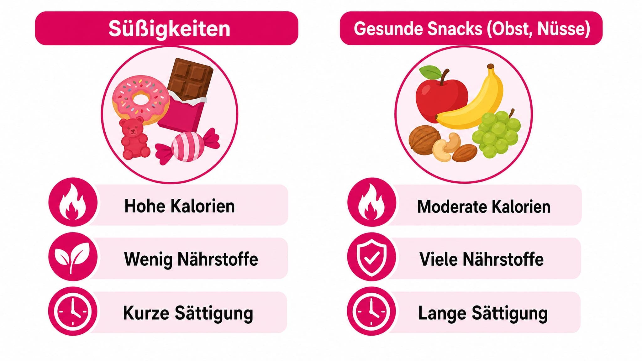 Vergleich von Süßigkeiten (hohe Kalorien, wenig Nährstoffe, schnelle Sättigung) und gesunden Snacks (weniger Kalorien, viele 