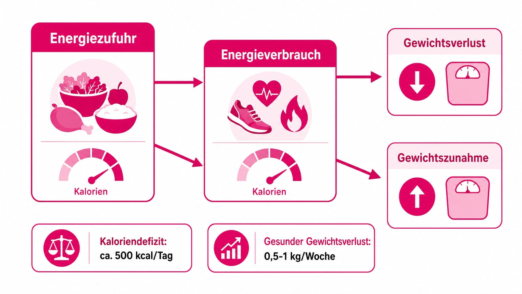 Pfeile zeigen von "Energiezufuhr" zu "Energieverbrauch". Ein Pfeil von "Energieverbrauch" zeigt auf "Gewichtsverlust", ein we
