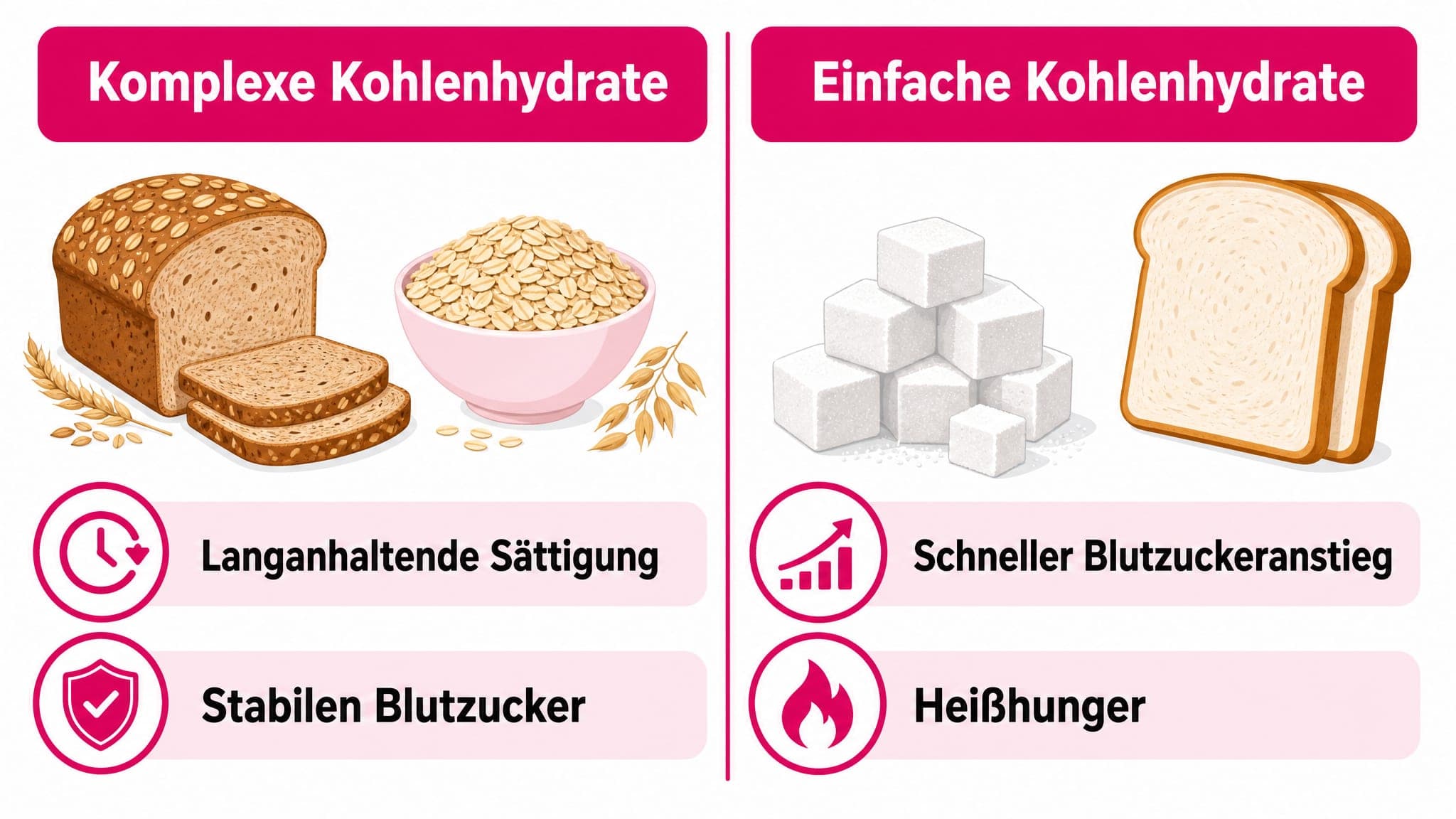 Zwei Spalten: Links "Komplexe Kohlenhydrate" mit Symbolen für Vollkornbrot, Haferflocken. Rechts "Einfache Kohlenhydrate" mit