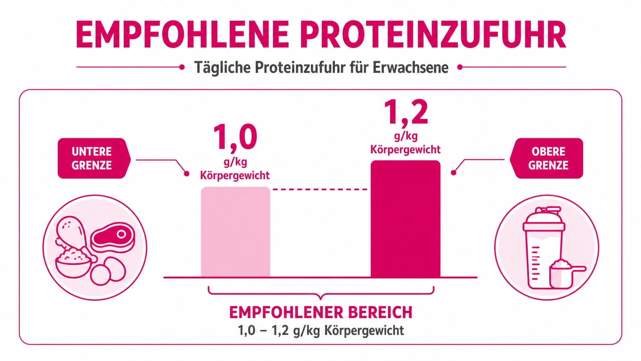 Balkendiagramm zeigt den empfohlenen Proteinbereich: "1,0 g/kg" bis "1,2 g/kg" Körpergewicht.