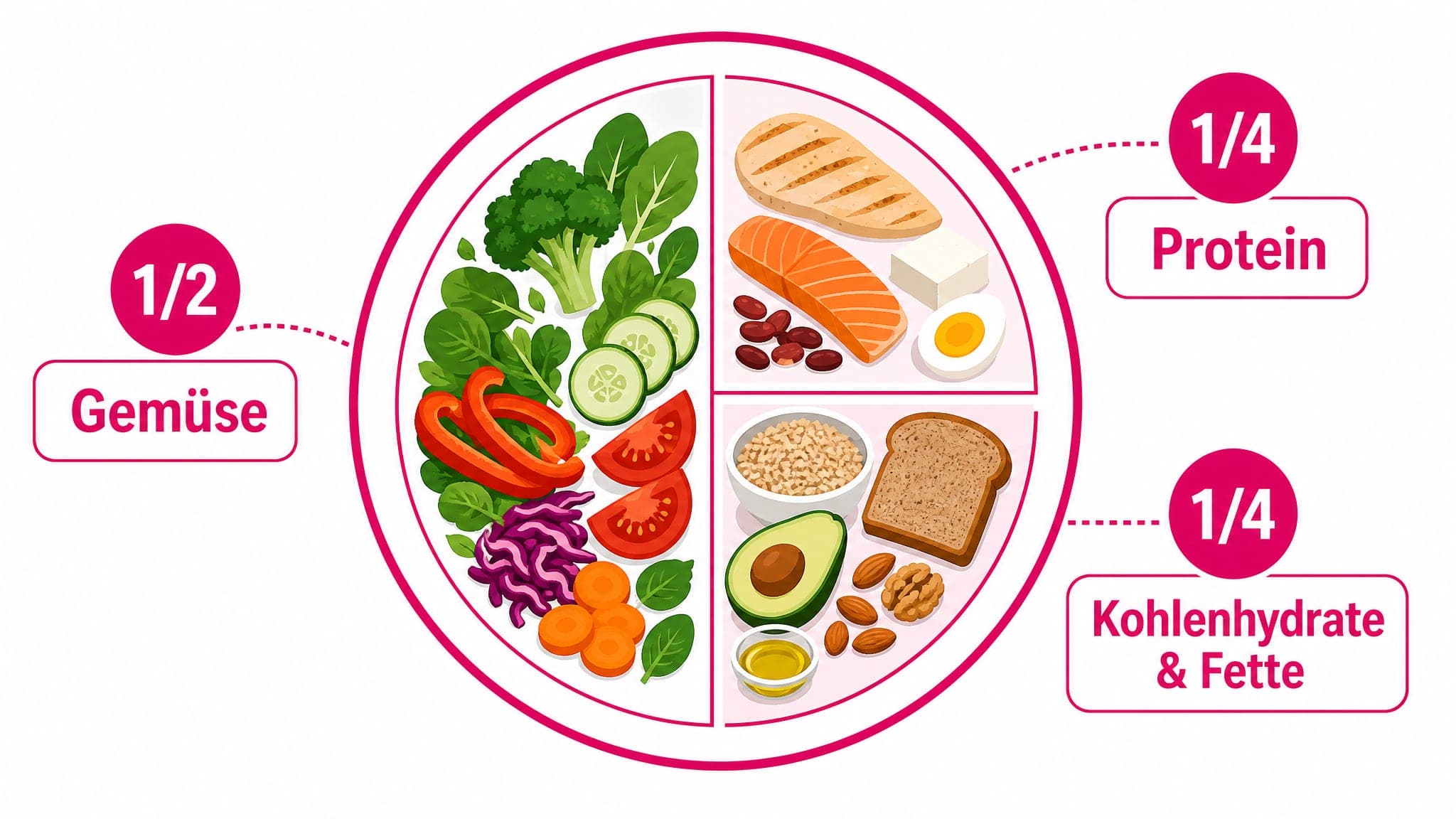 Ein Teller ist aufgeteilt: 1/2 Gemüse, 1/4 Protein, 1/4 komplexe Kohlenhydrate/gesunde Fette.