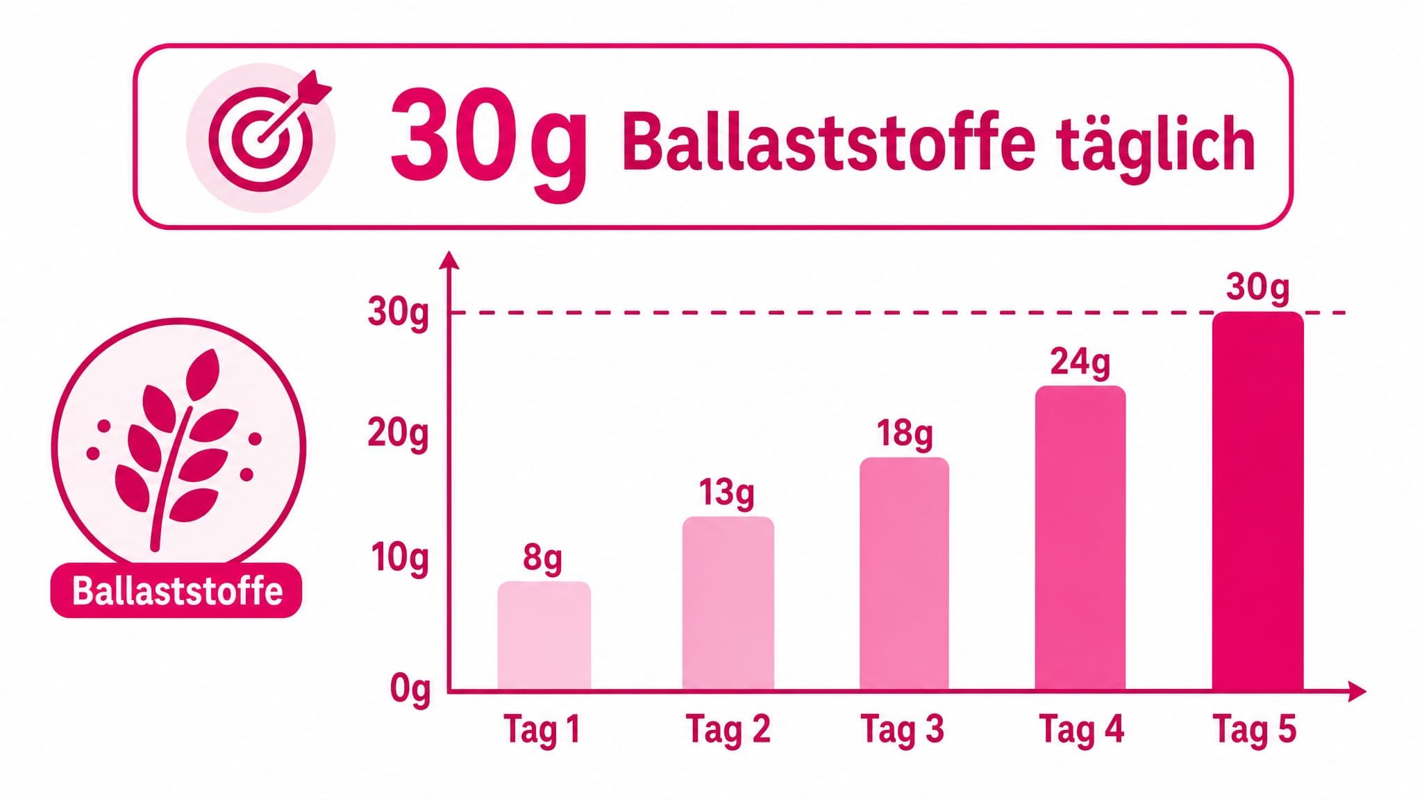 Ein Diagramm zeigt die empfohlene tägliche Ballaststoffzufuhr von 30 Gramm für Erwachsene.