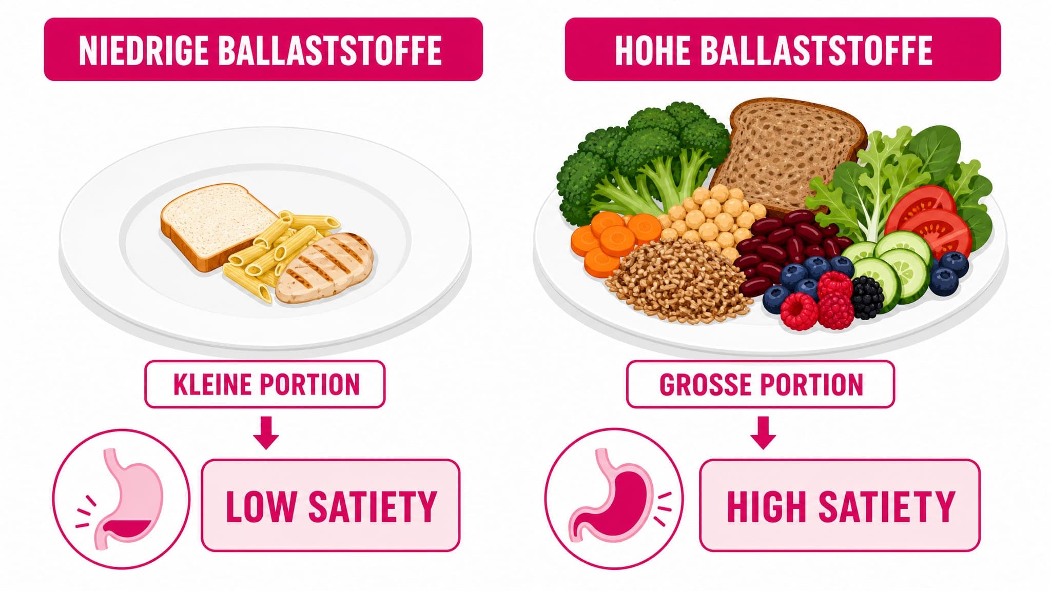 Ein Vergleich zeigt zwei Teller: einen mit ballaststoffarmen Lebensmitteln (kleine Menge, wenig Sättigung) und einen mit ball