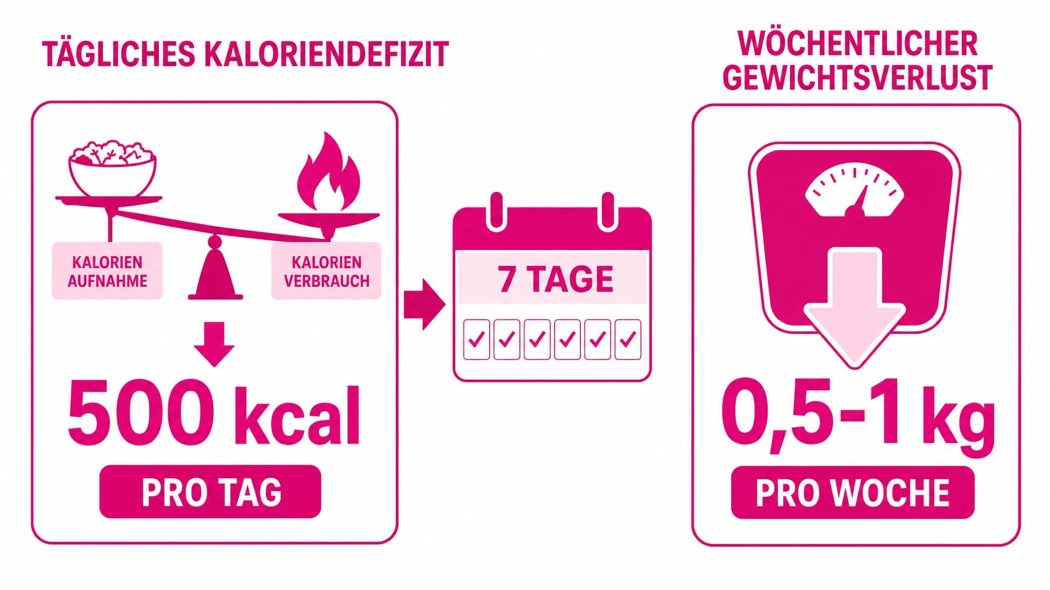 Balkendiagramm zeigt ein Kaloriendefizit von 500 kcal und einen wöchentlichen Gewichtsverlust von 0,5-1 kg.