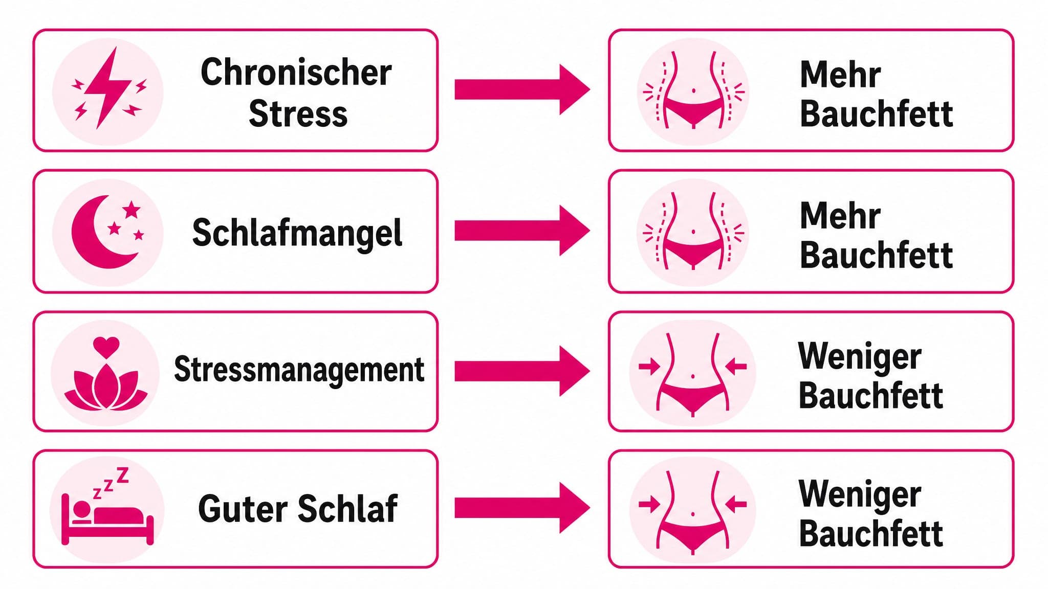 Pfeile zeigen von "Chronischer Stress" und "Schlafmangel" zu "Mehr Bauchfett", und von "Stressmanagement" und "Guter Schlaf" 
