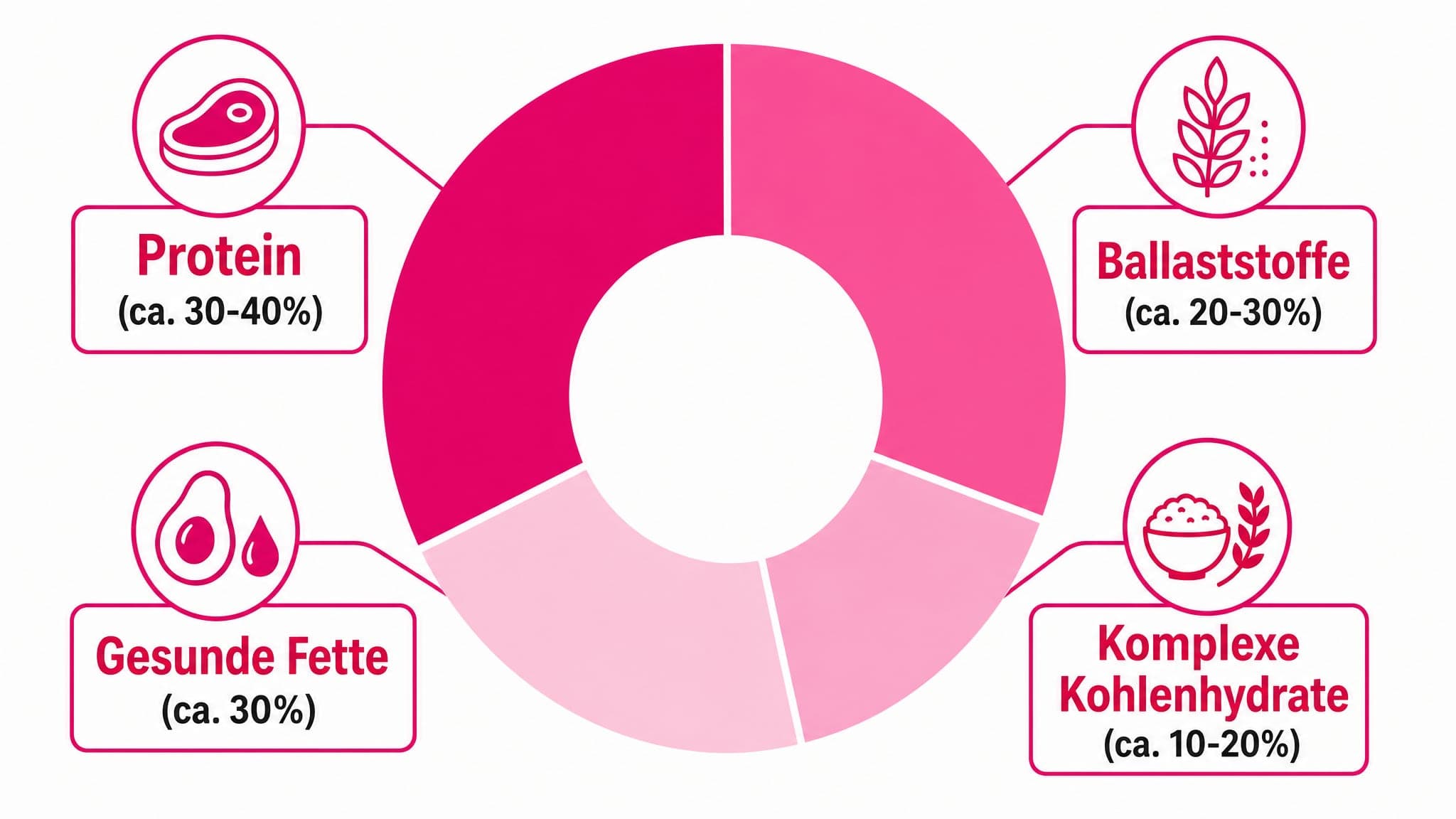 Kreisdiagramm zeigt die empfohlenen Anteile von Makronährstoffen: hoher Anteil Protein, hoher Anteil Ballaststoffe, moderater