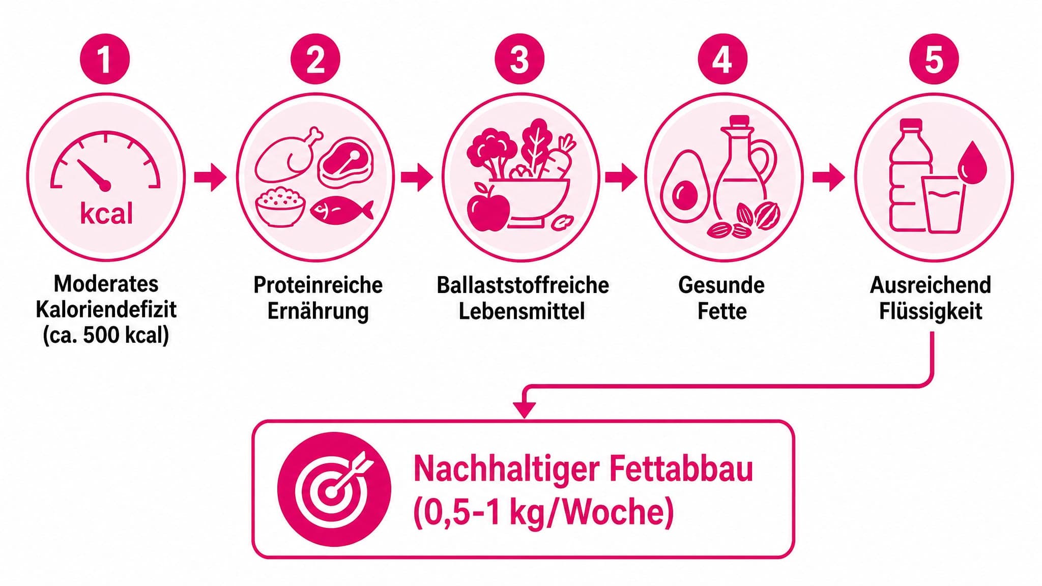 Nummerierte Schritte: 1. Moderates Kaloriendefizit (ca. 500 kcal). 2. Proteinreiche Ernährung. 3. Ballaststoffreiche Lebensmi