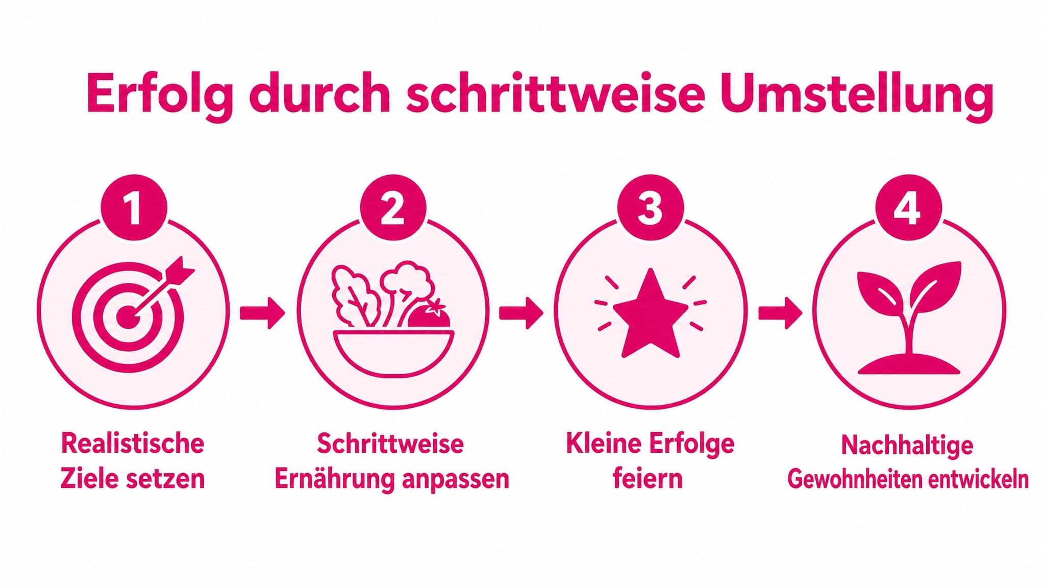 Ablaufdiagramm zeigt schrittweise Ernährungsumstellung mit Fokus auf kleine Ziele, Vermeidung von Frustration und nachhaltige