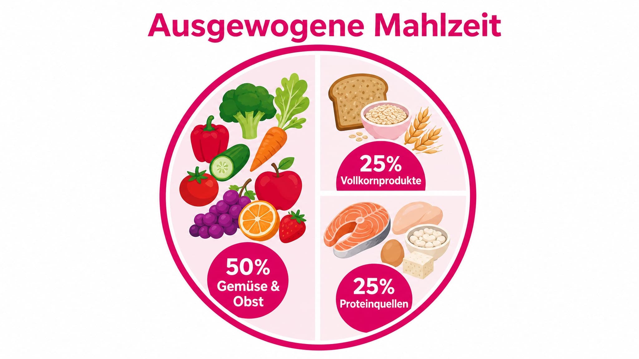 Ein Teller ist aufgeteilt: Hälfte Gemüse/Obst, Viertel Vollkorn, Viertel Protein.