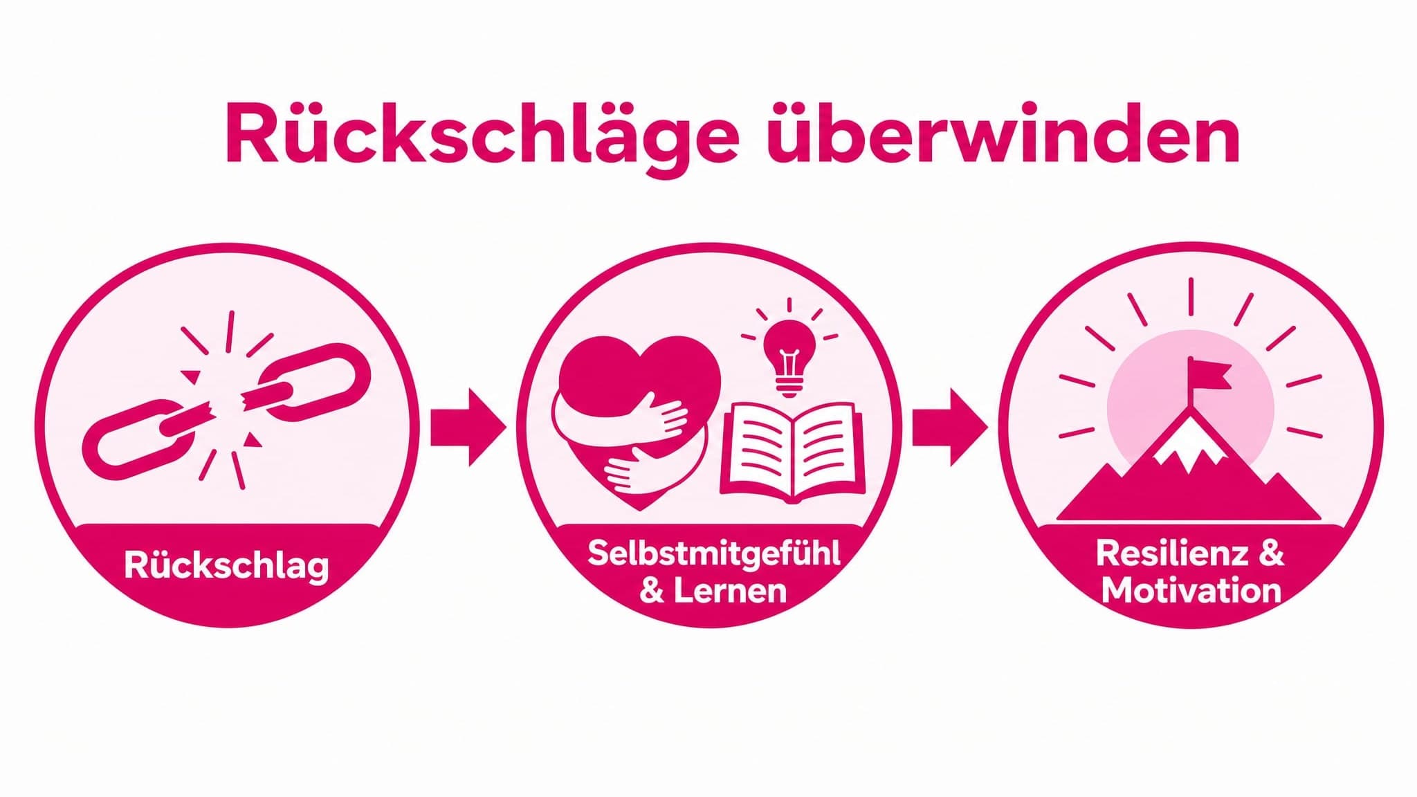 Pfeile zeigen von "Rückschlag" über "Selbstmitgefühl" und "Lernen" zu "Resilienz" und "Fortschritt".