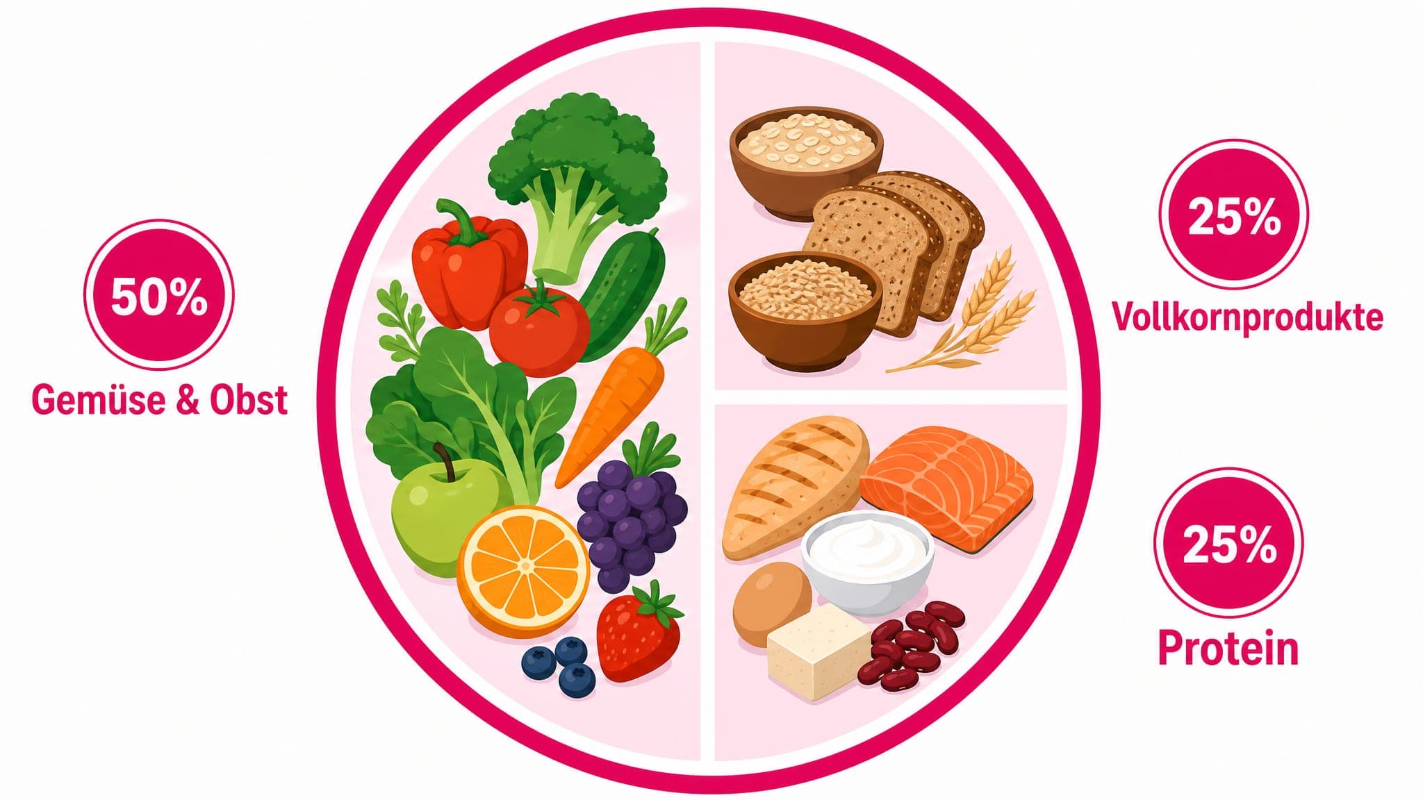 Infografik eines Tellers, aufgeteilt in Sektoren: 50% Gemüse/Obst, 25% Vollkornprodukte, 25% Protein.