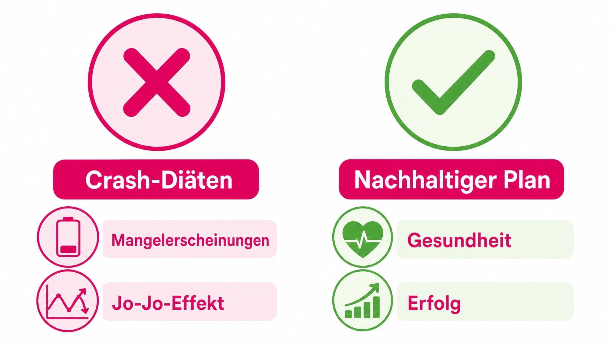 Gegenüberstellung: Rotes Kreuz für "Crash-Diäten" (Mangelerscheinungen, Jo-Jo-Effekt) und grüner Haken für "Nachhaltiger Plan