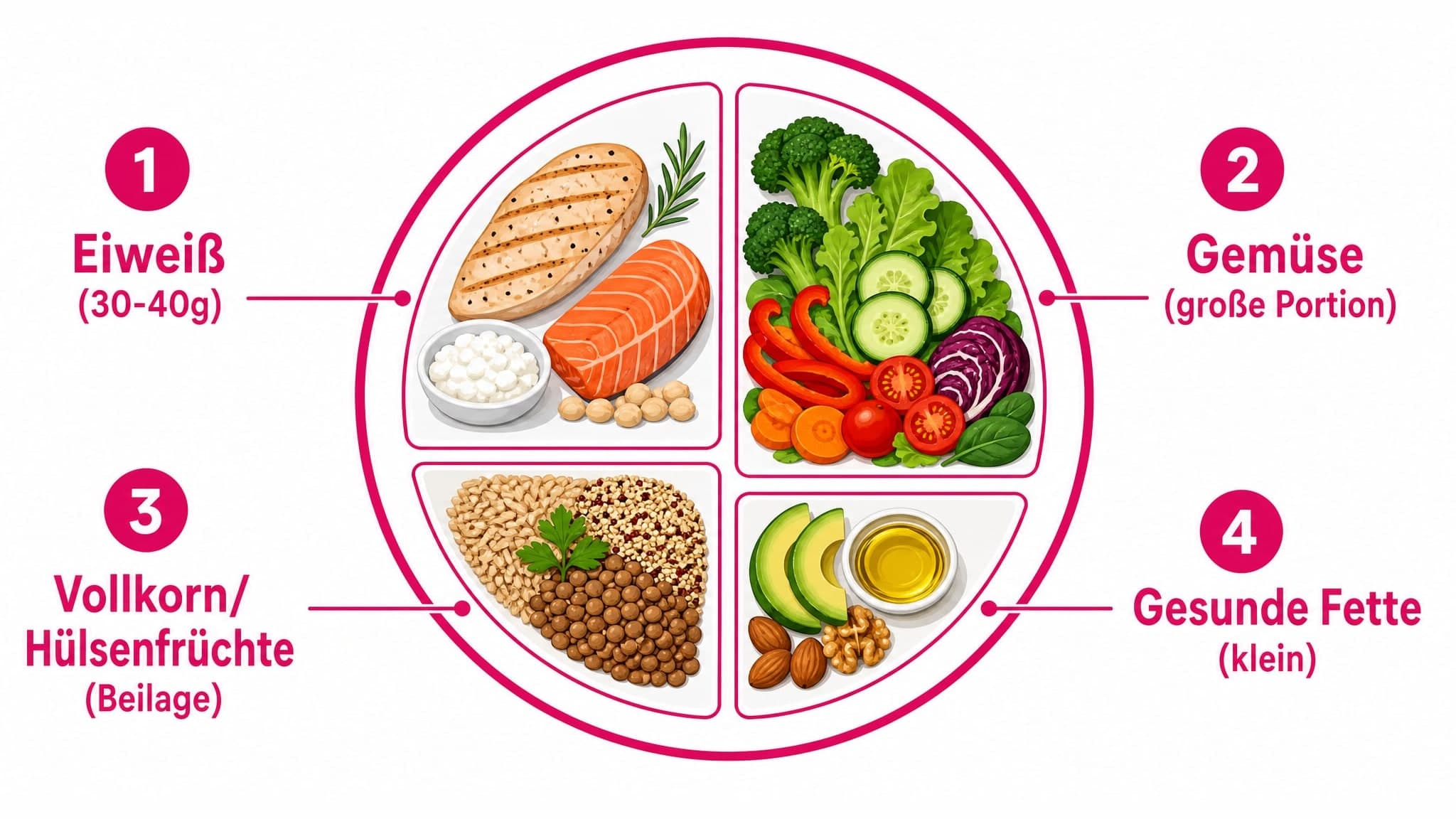 Ein Teller geteilt in vier Segmente: "Eiweiß (30-40g)", "Gemüse (große Portion)", "Vollkorn/Hülsenfrüchte (Beilage)", "Gesund