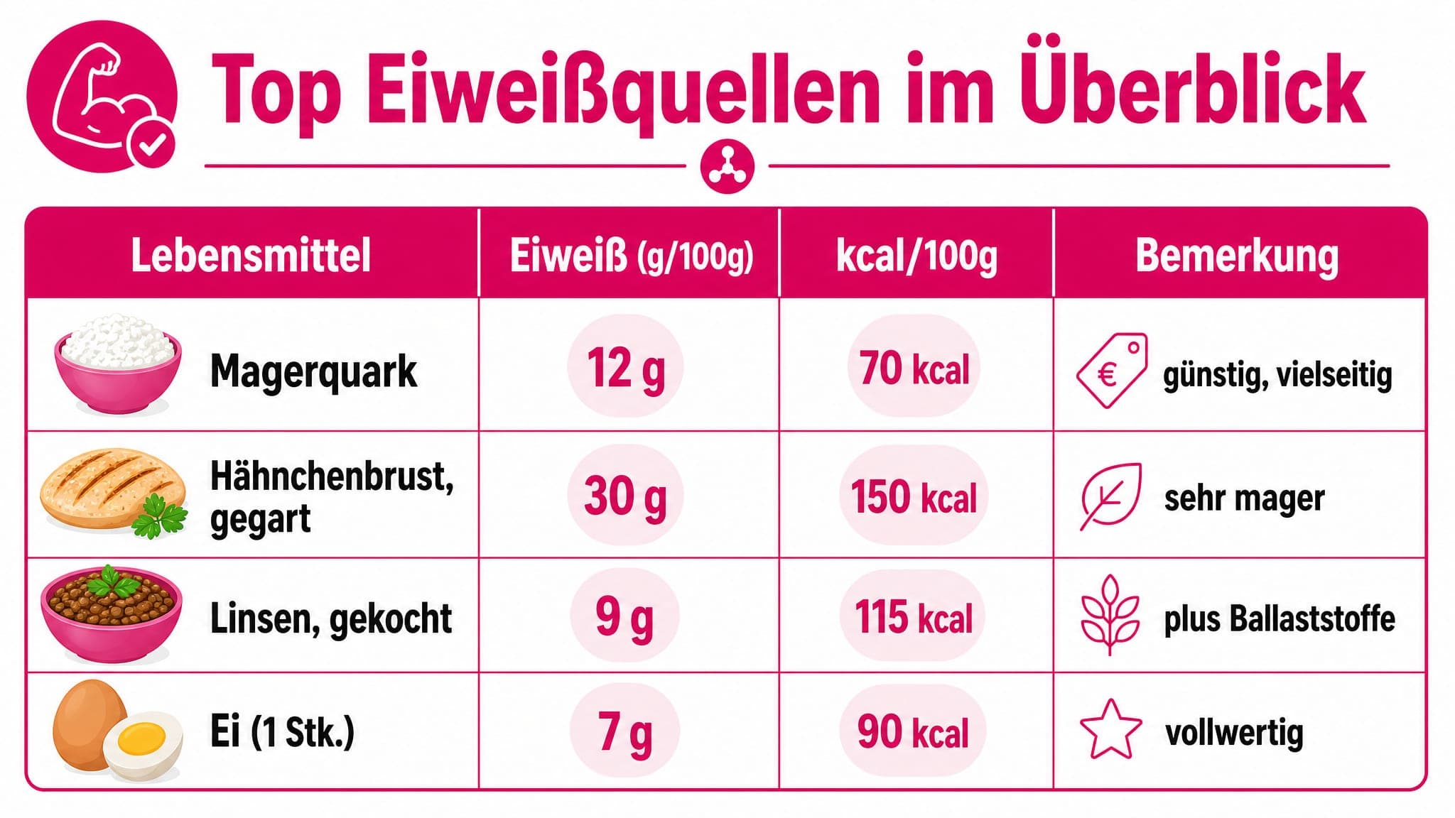 Tabelle listet verschiedene Lebensmittel, ihren Eiweißgehalt pro 100g, Kalorien und eine kurze Anmerkung auf.