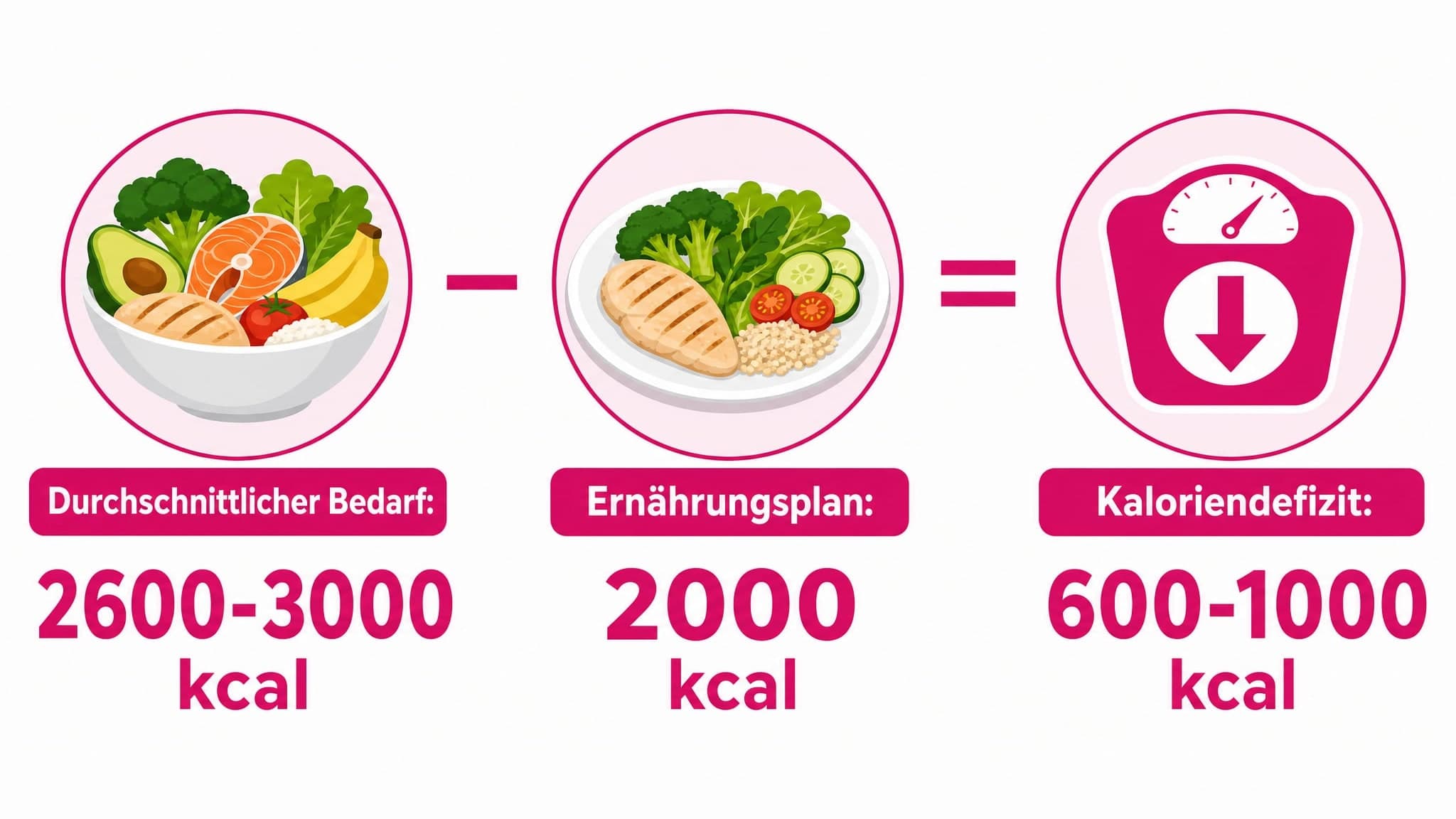 Balkendiagramm zeigt Kalorienbedarf (2600-3000 kcal) und Plan (2000 kcal) mit hervorgehobenem Defizit.
