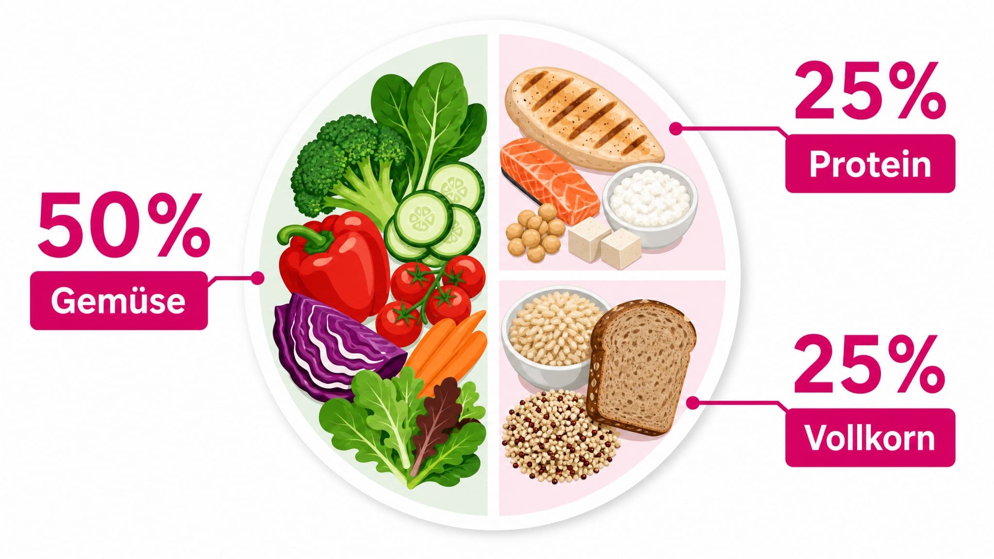Ein Teller ist aufgeteilt in 50% Gemüse, 25% Protein (z.B. Hähnchen, Fisch), 25% Vollkornprodukte (z.B. Quinoa, Vollkornbrot)