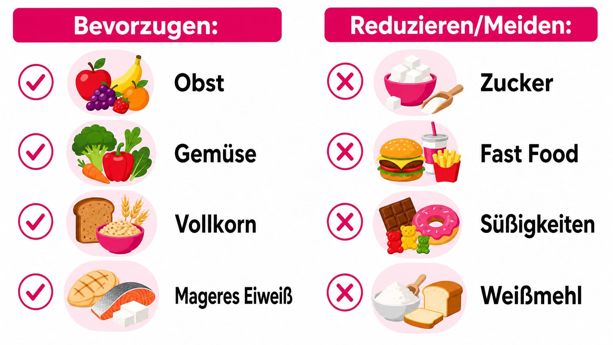 Zwei Spalten: "Bevorzugen" (Obst, Gemüse, Vollkorn, mageres Eiweiß) und "Reduzieren/Meiden" (Zucker, Fast Food, Süßigkeiten, 