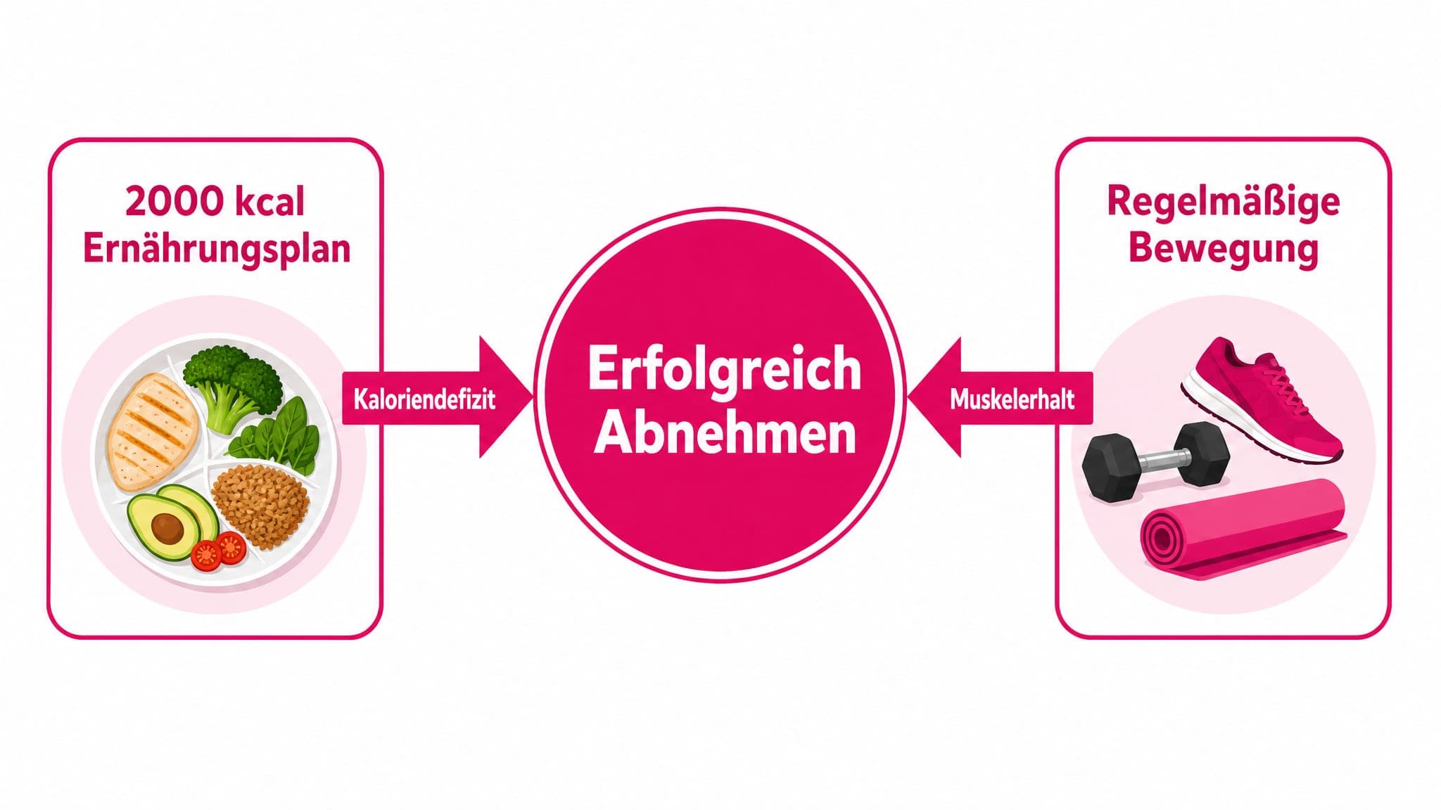 Pfeile zeigen von "2000 kcal Ernährungsplan" und "Regelmäßige Bewegung" zu "Kaloriendefizit", "Muskelerhalt" und "Gewichtsver