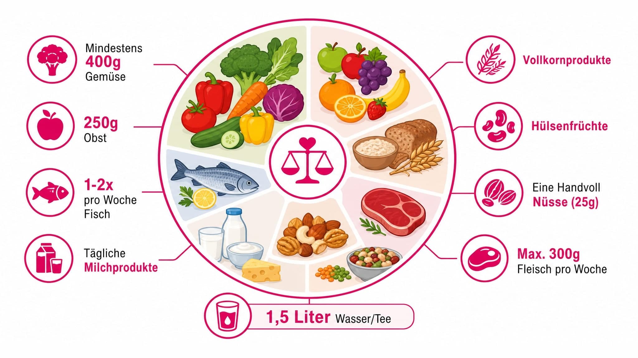 Infografik zeigt eine bunte Mischung aus Lebensmitteln in verschiedenen Mengen: viel Gemüse und Obst, Vollkornprodukte, Hülse