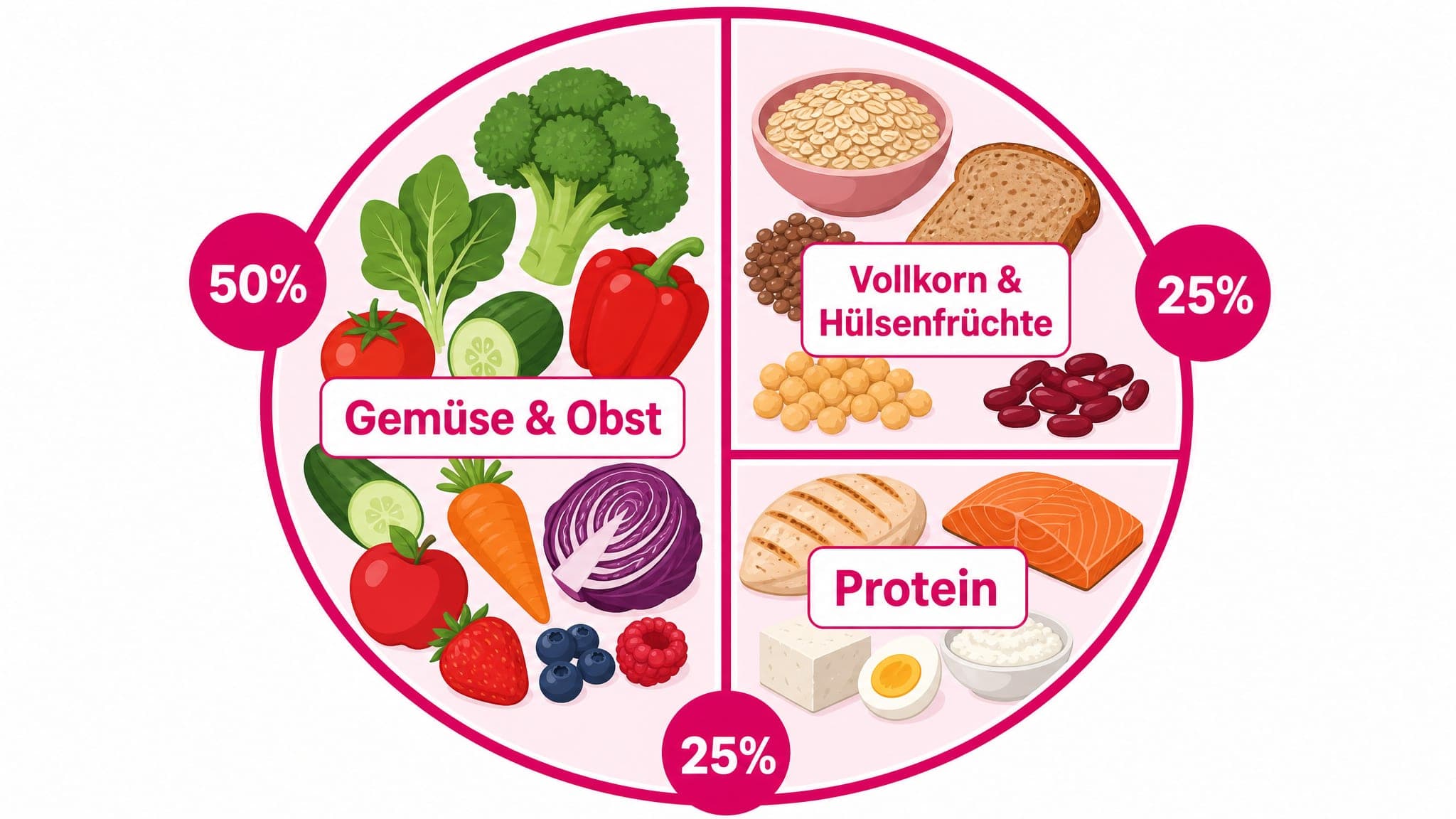 Ein Teller ist in Sektoren aufgeteilt: 50% Gemüse/Obst, 25% Vollkorn/Hülsenfrüchte, 25% Protein.