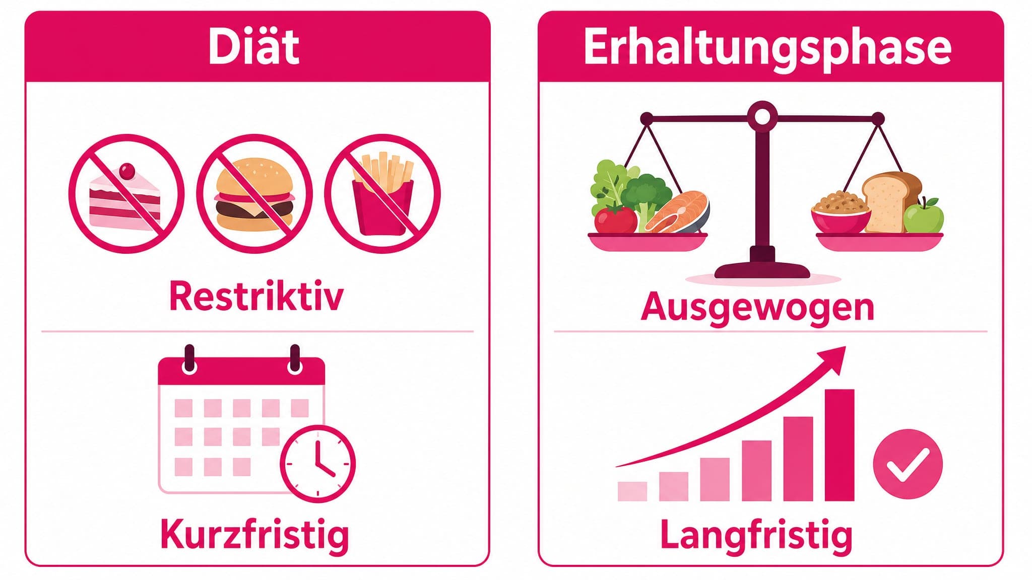 Zwei vertikale Säulen. Links: "Diät" mit Symbolen für Restriktion und kurzfristigen Erfolg. Rechts: "Erhaltungsphase" mit Sym