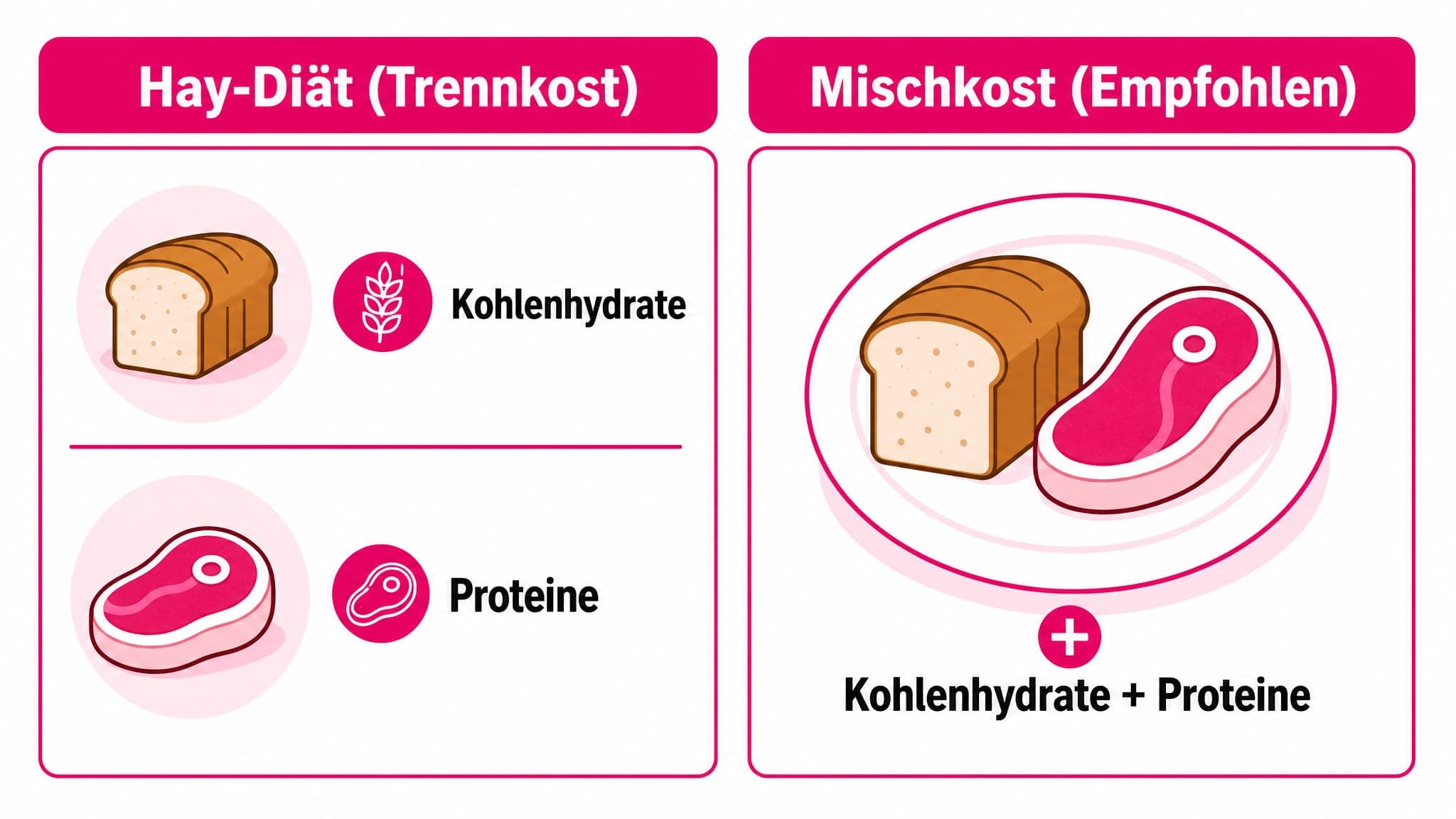 Gegenüberstellung zweier Ernährungsweisen: Hay-Diät mit getrennten Nährstoffgruppen und Mischkost mit kombinierten Nährstoffg