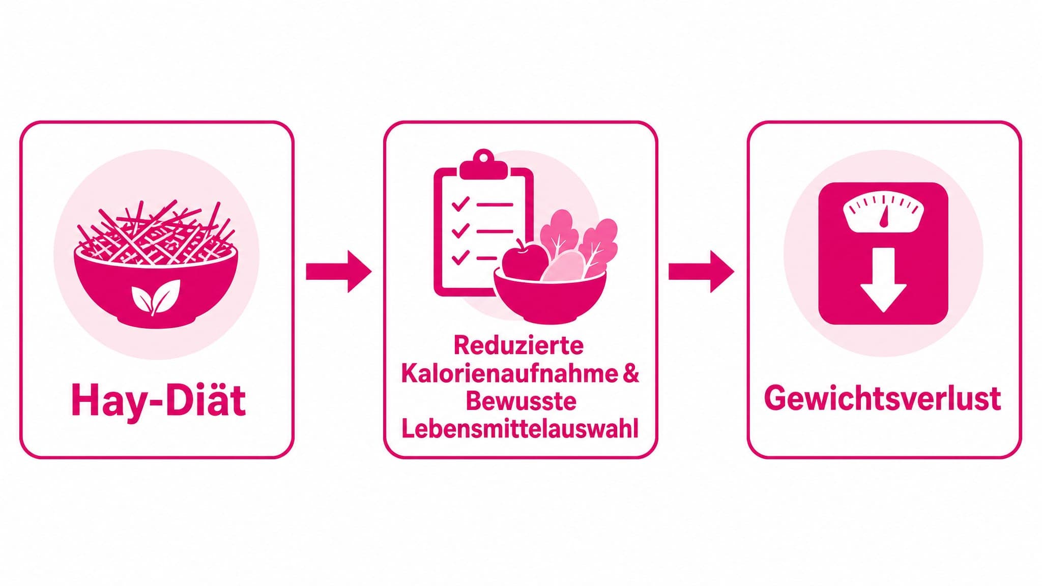 Pfeildiagramm zeigt: Hay-Diät -> Reduzierte Kalorienaufnahme & Bewusste Lebensmittelauswahl -> Gewichtsverlust.