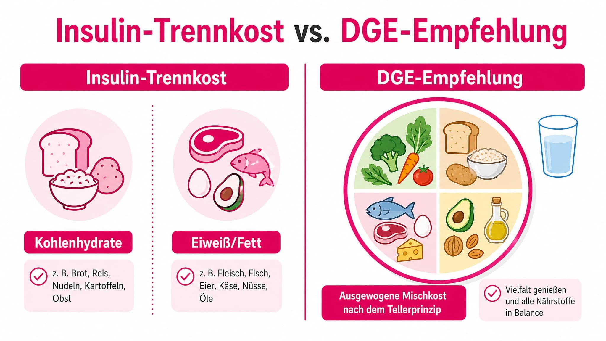 Vergleichstabelle: Links Insulin-Trennkost (Trennung), rechts DGE (Mischkost). Zeigt unterschiedliche Ansätze zur Ernährung.