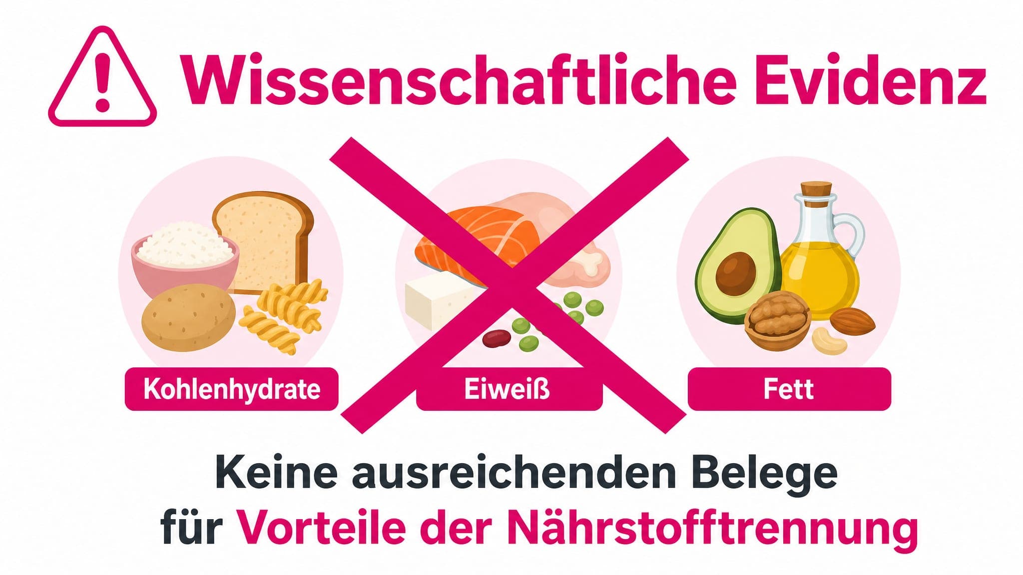 Warnhinweis: Rotes X über Symbolen für getrennte Nährstoffe. Text: 'Keine wissenschaftliche Evidenz für Vorteile der Nährstof