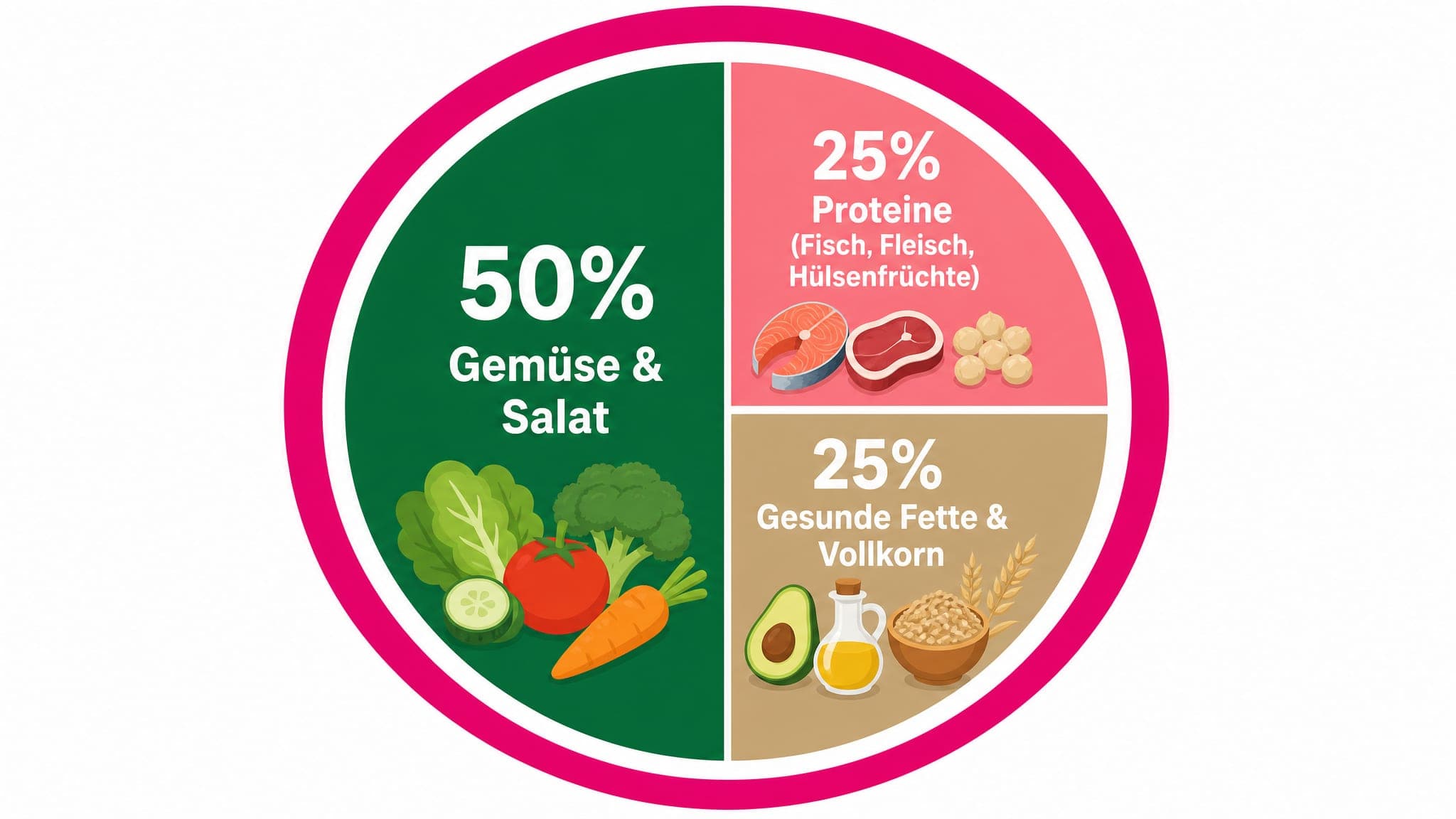 Darstellung des Tellerprinzips: Eine Hälfte gefüllt mit "Gemüse & Salat", ein Viertel mit "Proteine (Fisch, Fleisch, Hülsenfr