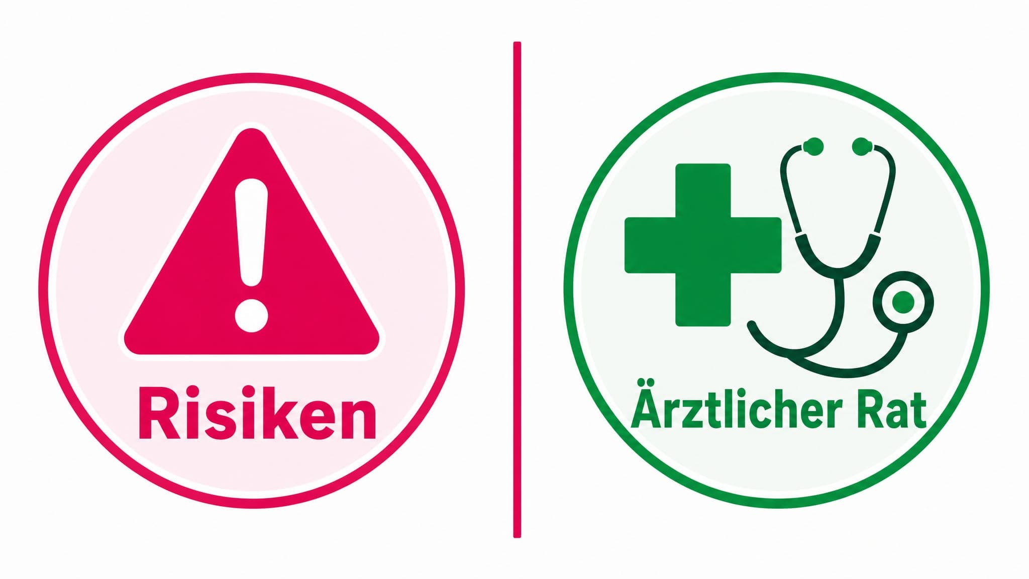 Gegenüberstellung von Warnsymbolen (rotes Ausrufezeichen) und Hilfesymbolen (grünes Kreuz) für Risiken und notwendige Vorsich