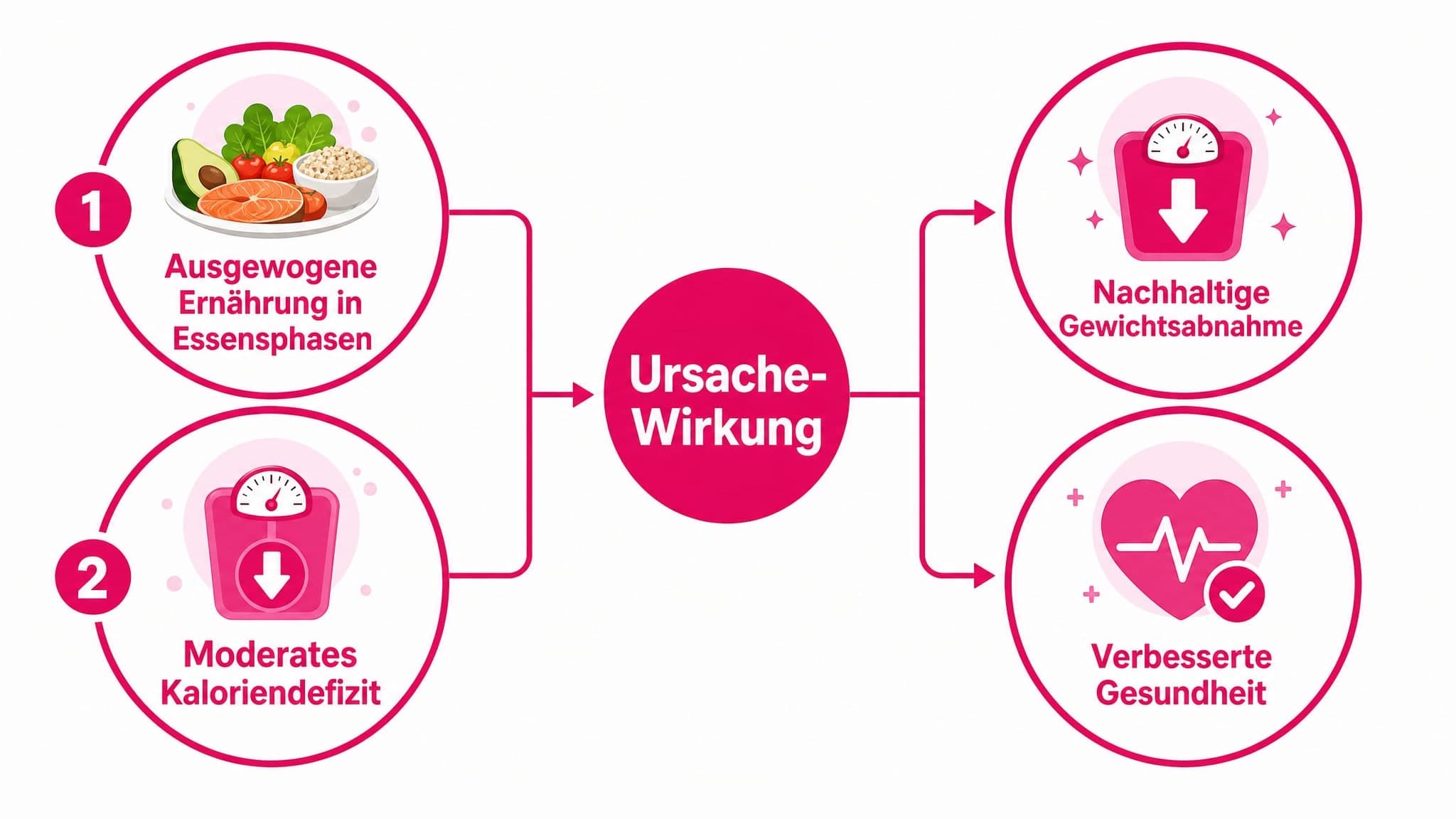 Diagramm, das zeigt: Ausgewogene Ernährung + Moderates Kaloriendefizit führen zu Nachhaltiger Gewichtsabnahme und Verbesserte