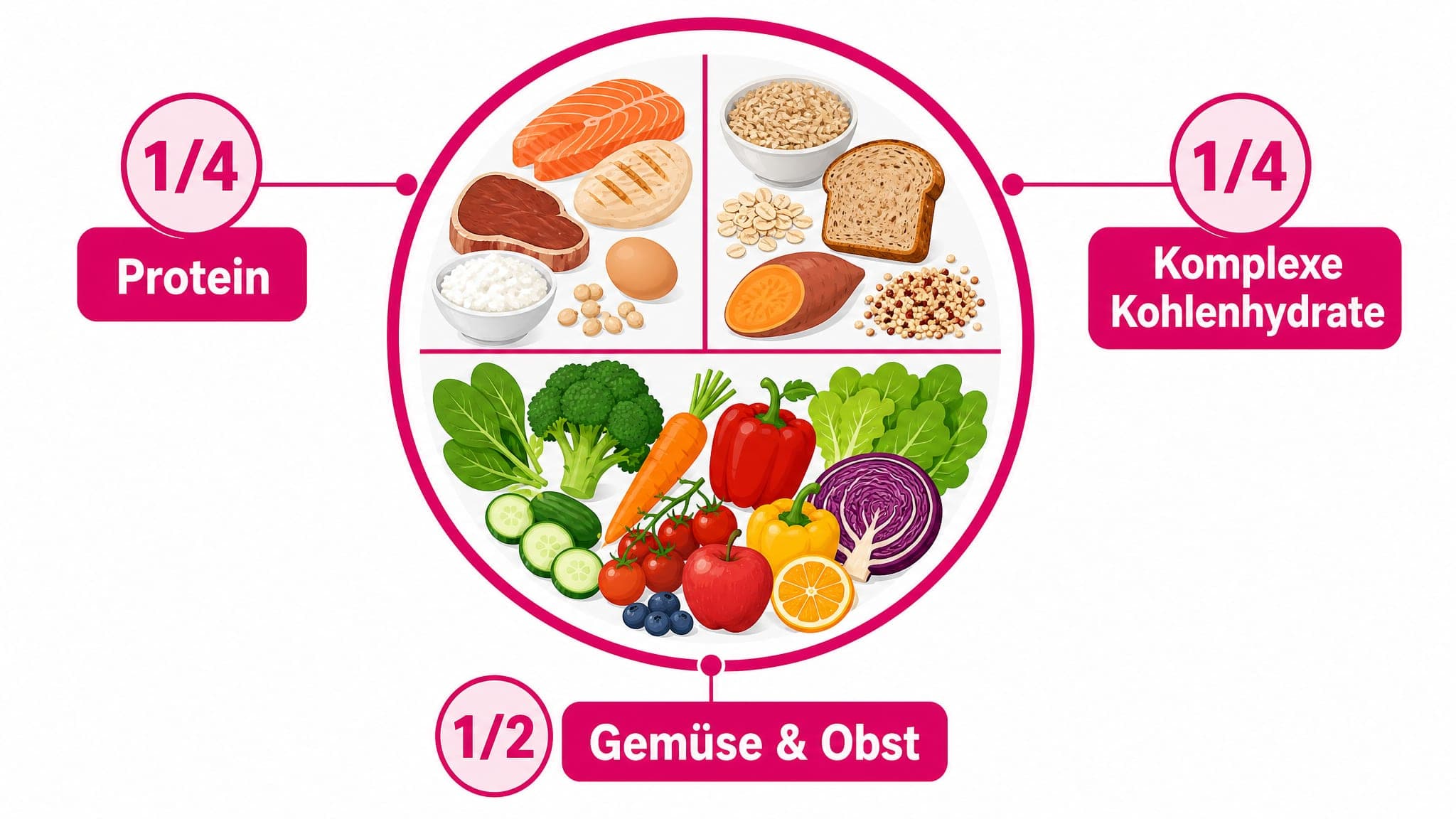 Ein Teller ist aufgeteilt: 1/4 Protein, 1/4 komplexe Kohlenhydrate, 1/2 Gemüse/Obst.