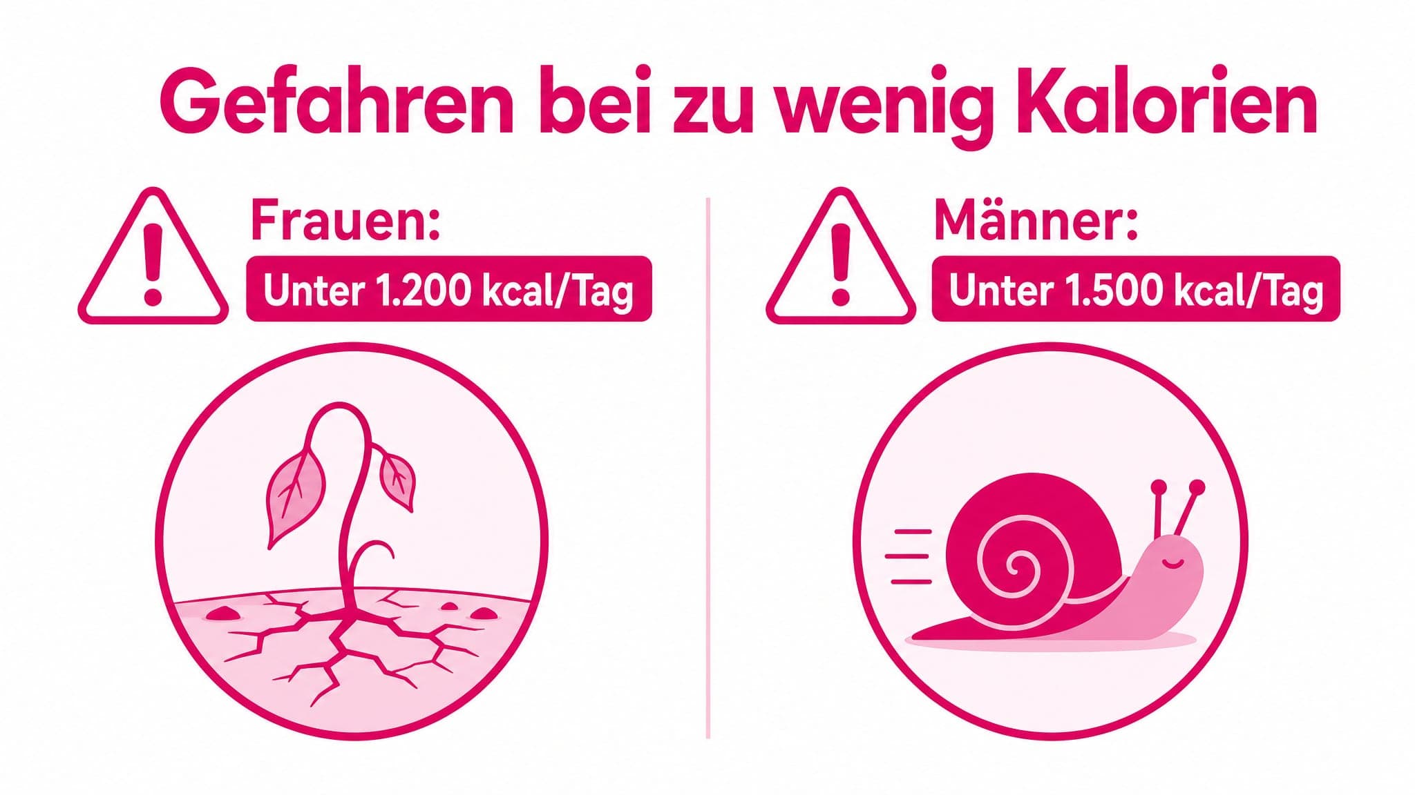 Warnhinweis mit zwei Bereichen: Frauen unter 1.200 kcal/Tag und Männer unter 1.500 kcal/Tag. Symbole für Nährstoffmangel und 