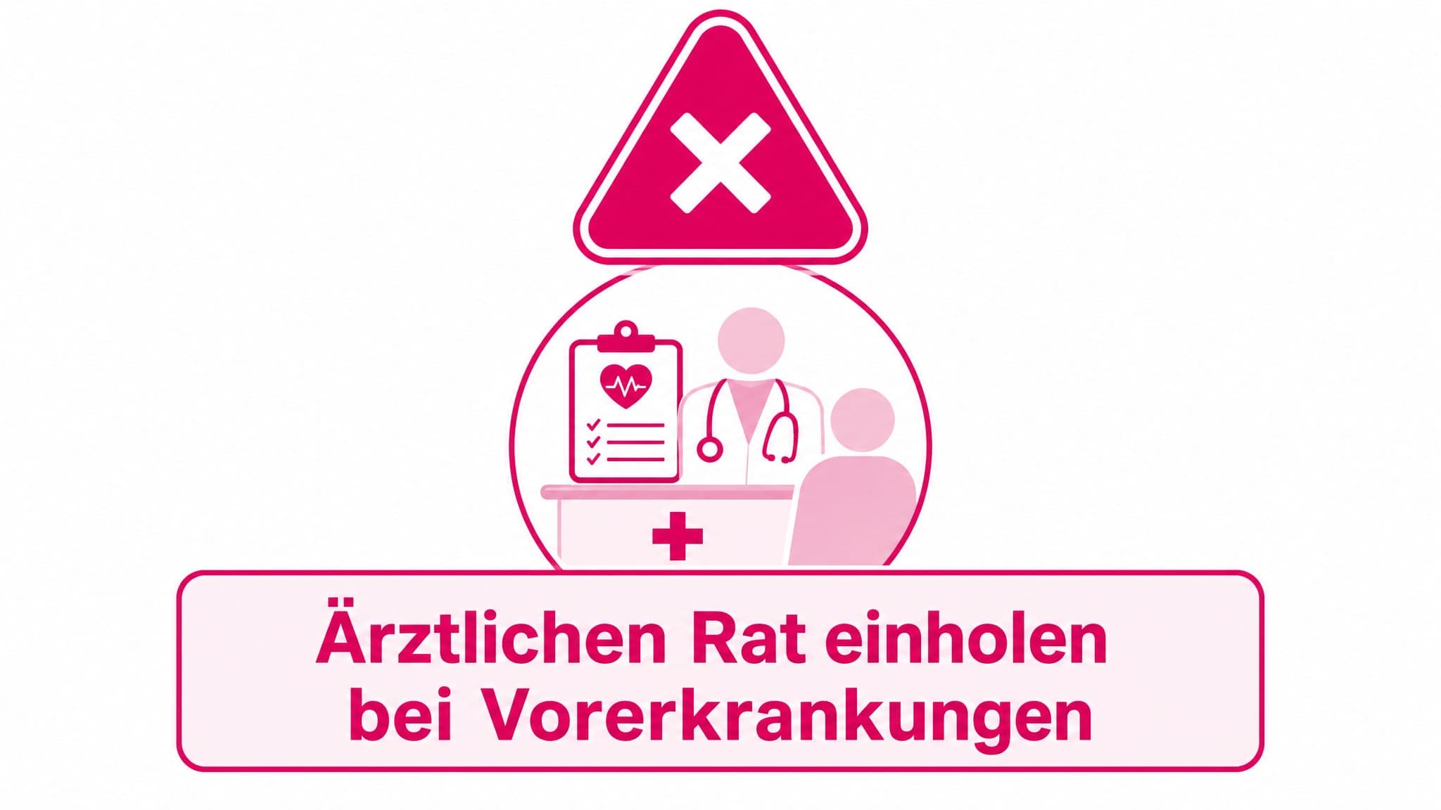 Warnhinweis: Rotes X über Symbol für Arzt/Sprechblase. Text: "Ärztlichen Rat einholen bei Vorerkrankungen".