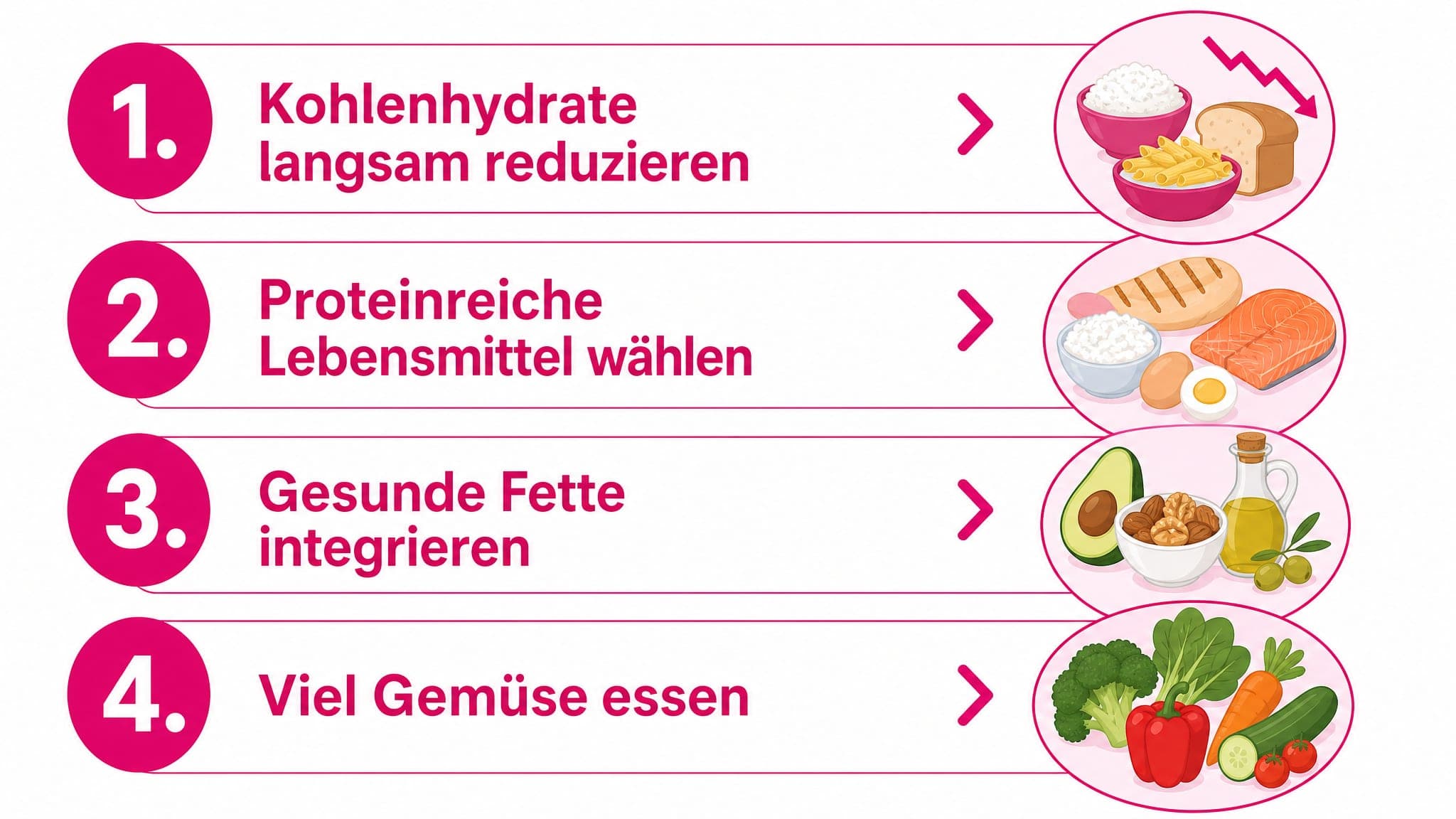 Nummerierte Schritte: 1. Kohlenhydrate langsam reduzieren. 2. Proteinreiche Lebensmittel wählen. 3. Gesunde Fette integrieren