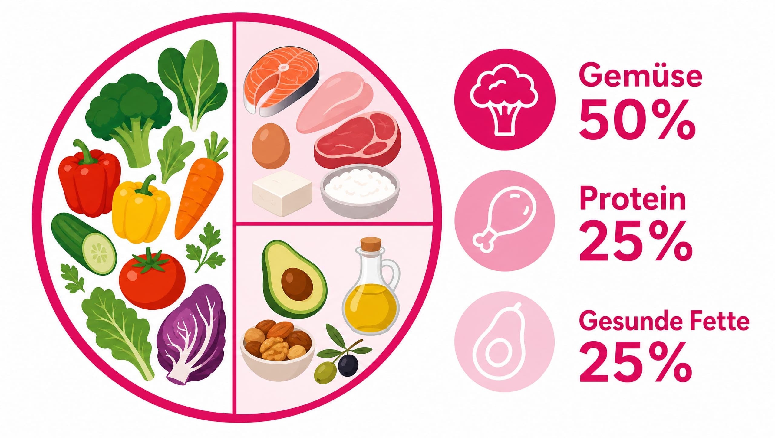Ein Teller ist zu 50% mit Gemüse, zu 25% mit Protein und zu 25% mit gesunden Fetten gefüllt.