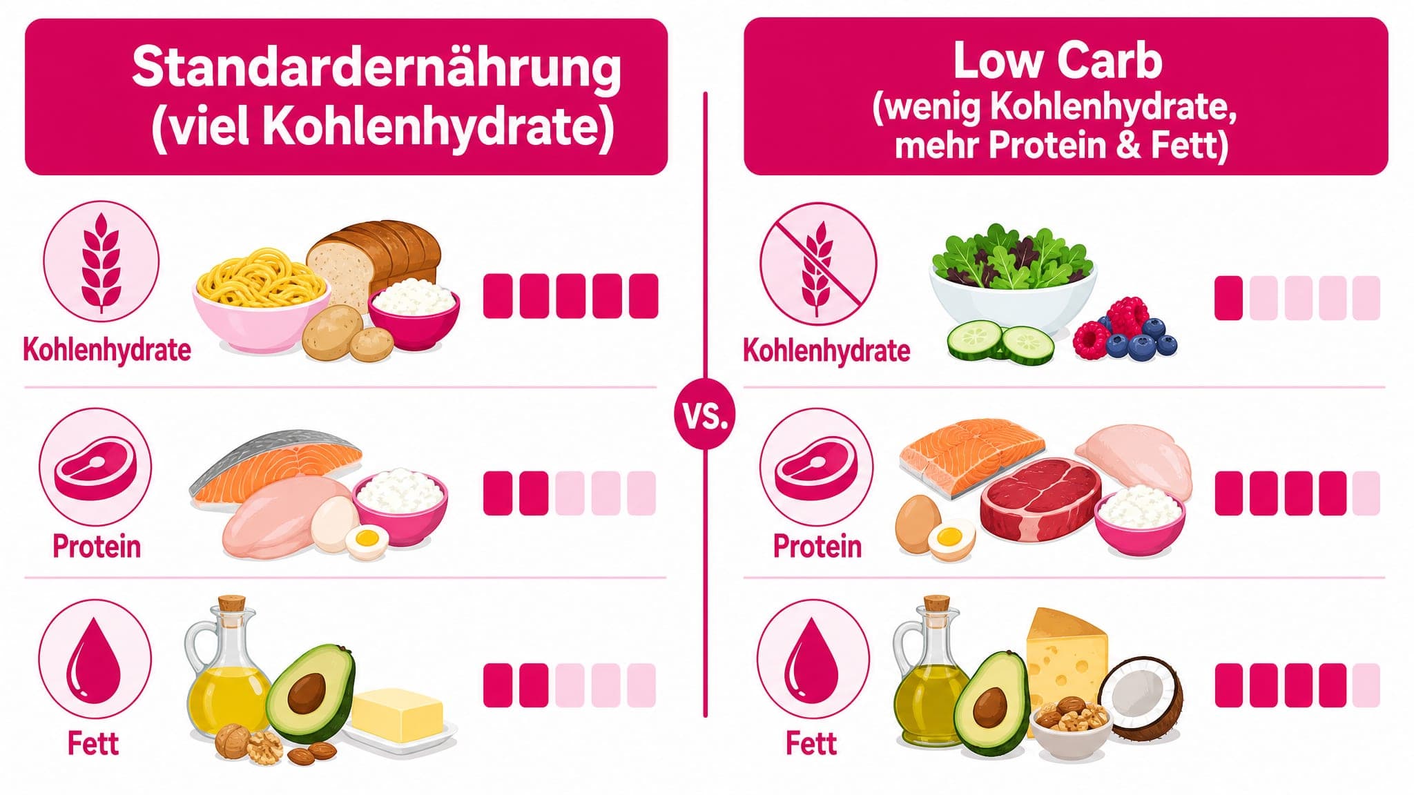 Links: Standardernährung mit hohem Kohlenhydratanteil. Rechts: Low Carb mit Fokus auf Protein und Fett.