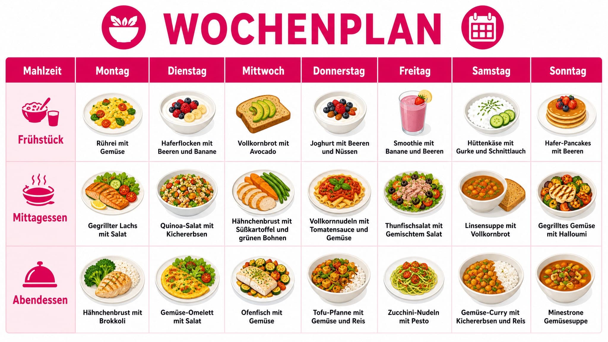 Tabelle mit Wochentagen (Mo-So) und Mahlzeiten (Frühstück, Mittagessen, Abendessen) mit Beispielgerichten.