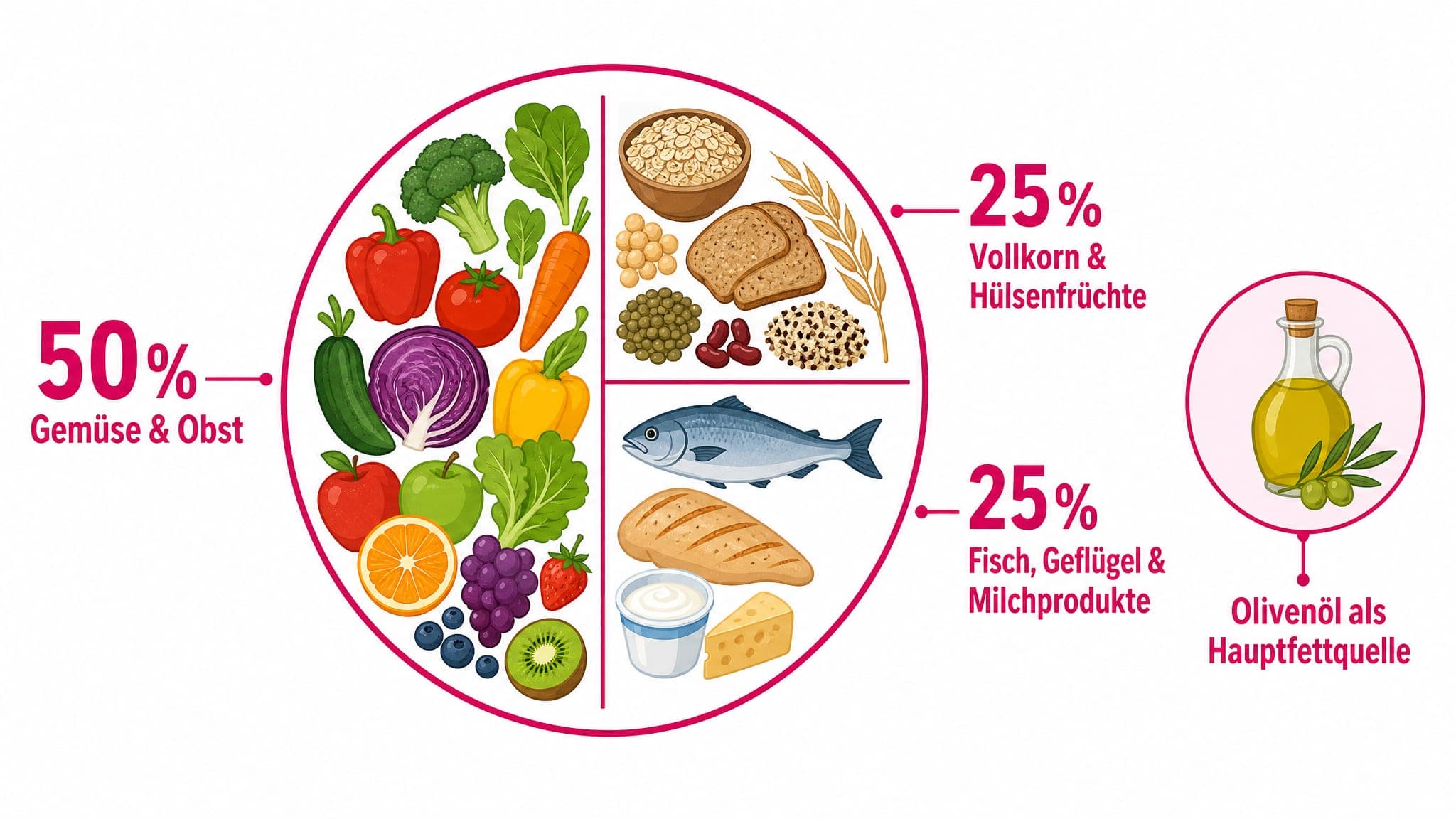 Ein Teller ist zu 50% mit Gemüse und Obst gefüllt, zu 25% mit Vollkornprodukten und Hülsenfrüchten, zu 25% mit Fisch, Geflüge