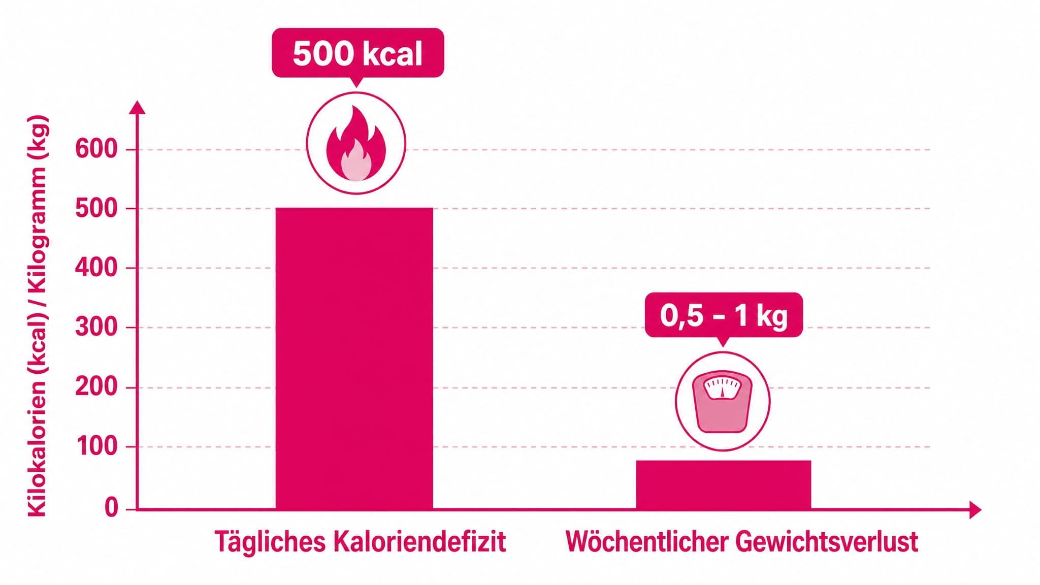 Eine Säule zeigt ein Kaloriendefizit von 500 kcal. Daneben eine kleinere Säule, die 0,5-1 kg Gewichtsverlust pro Woche symbol